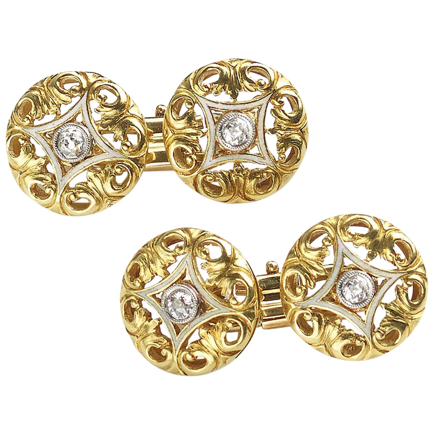 French, Art Nouveau Gold and Diamond Cufflinks