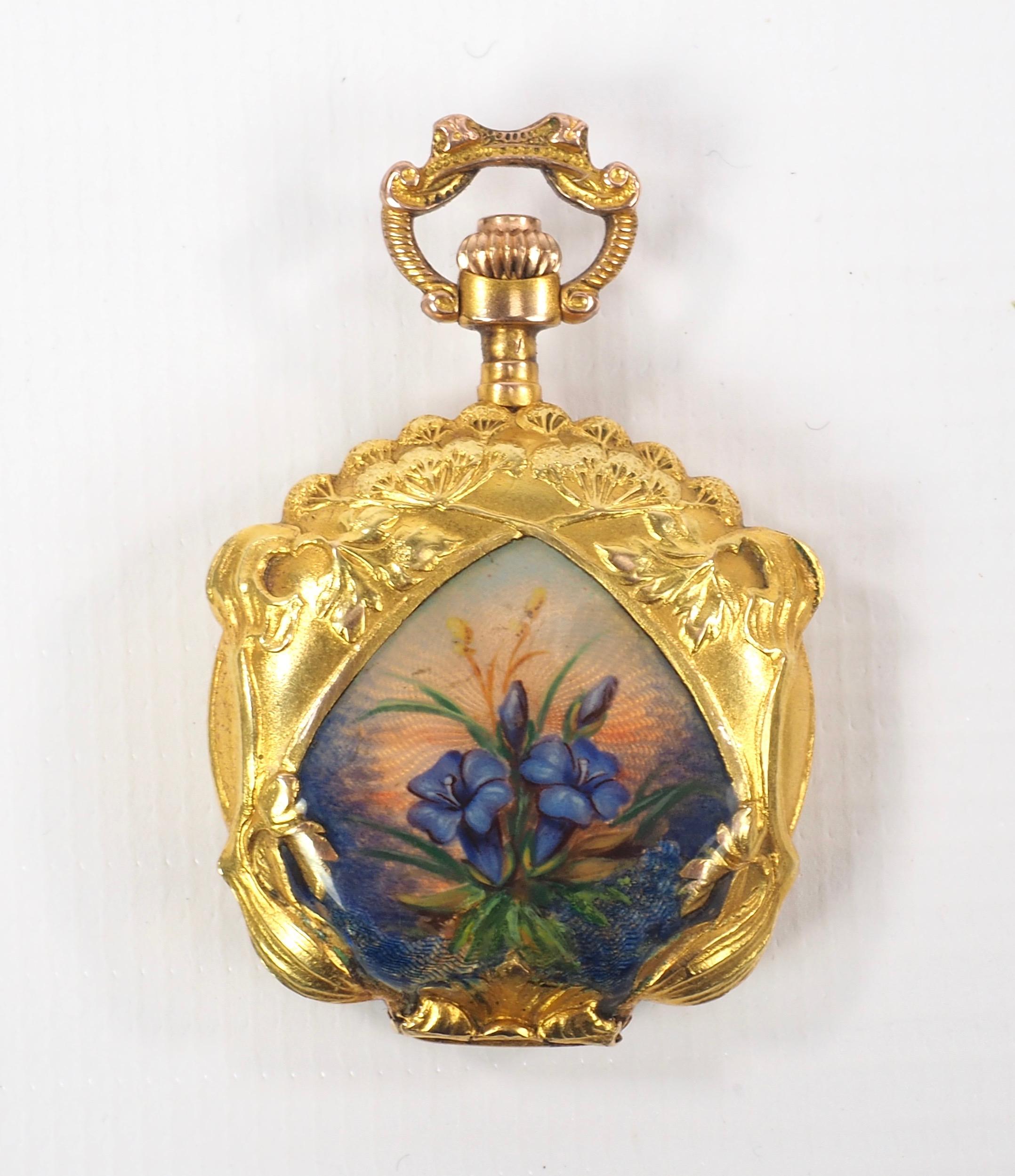 French Art Nouveau Gold and Diamond Enamel Pocket Watch 5