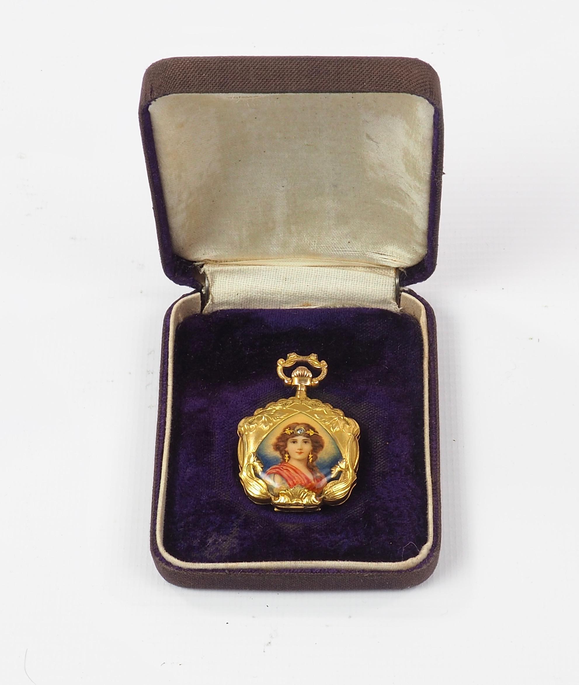 French Art Nouveau Gold and Diamond Enamel Pocket Watch 4
