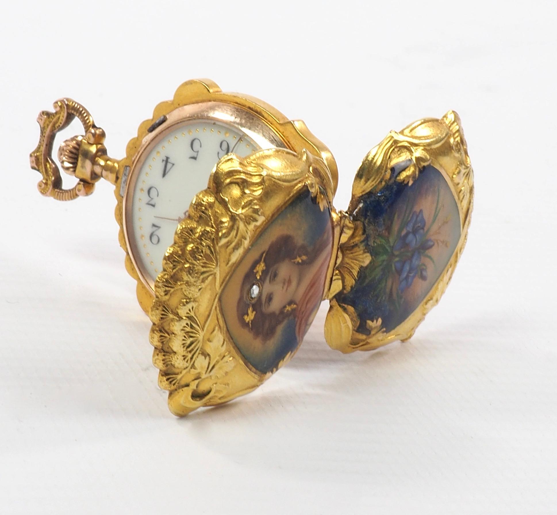 Rose Cut French Art Nouveau Gold and Diamond Enamel Pocket Watch