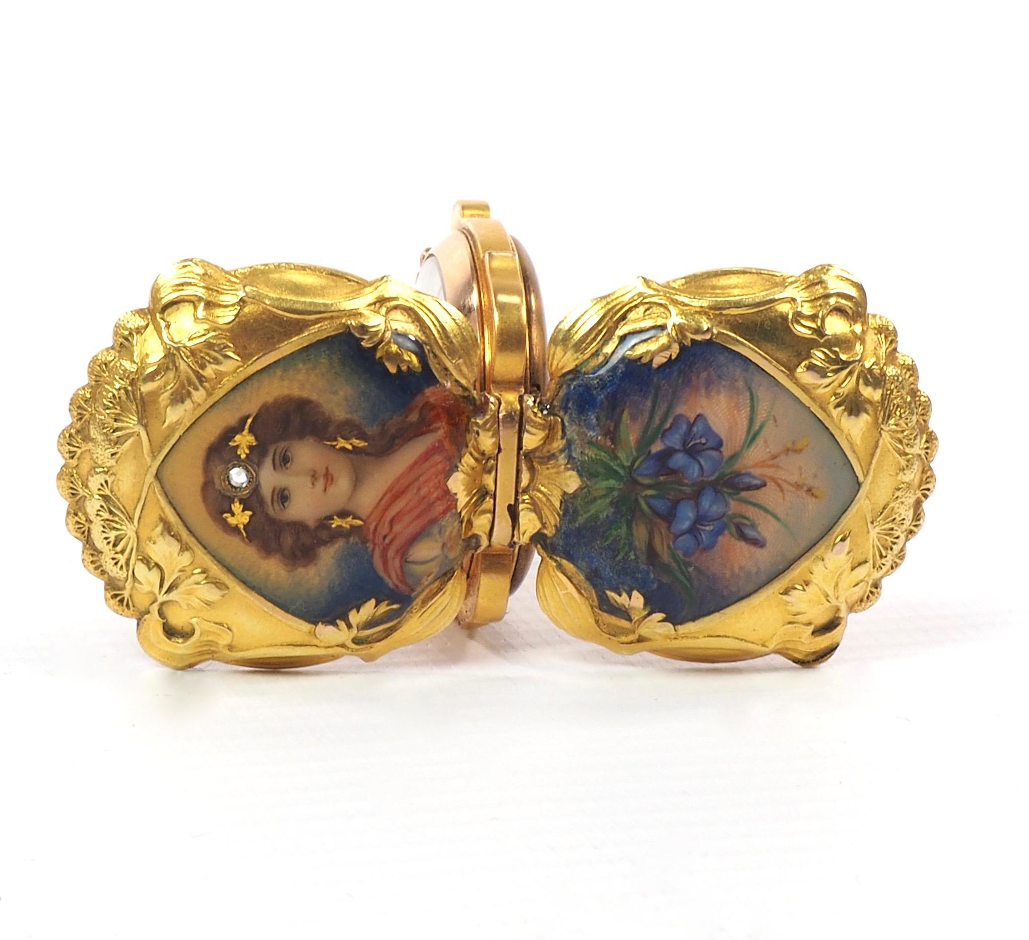 Women's French Art Nouveau Gold and Diamond Enamel Pocket Watch