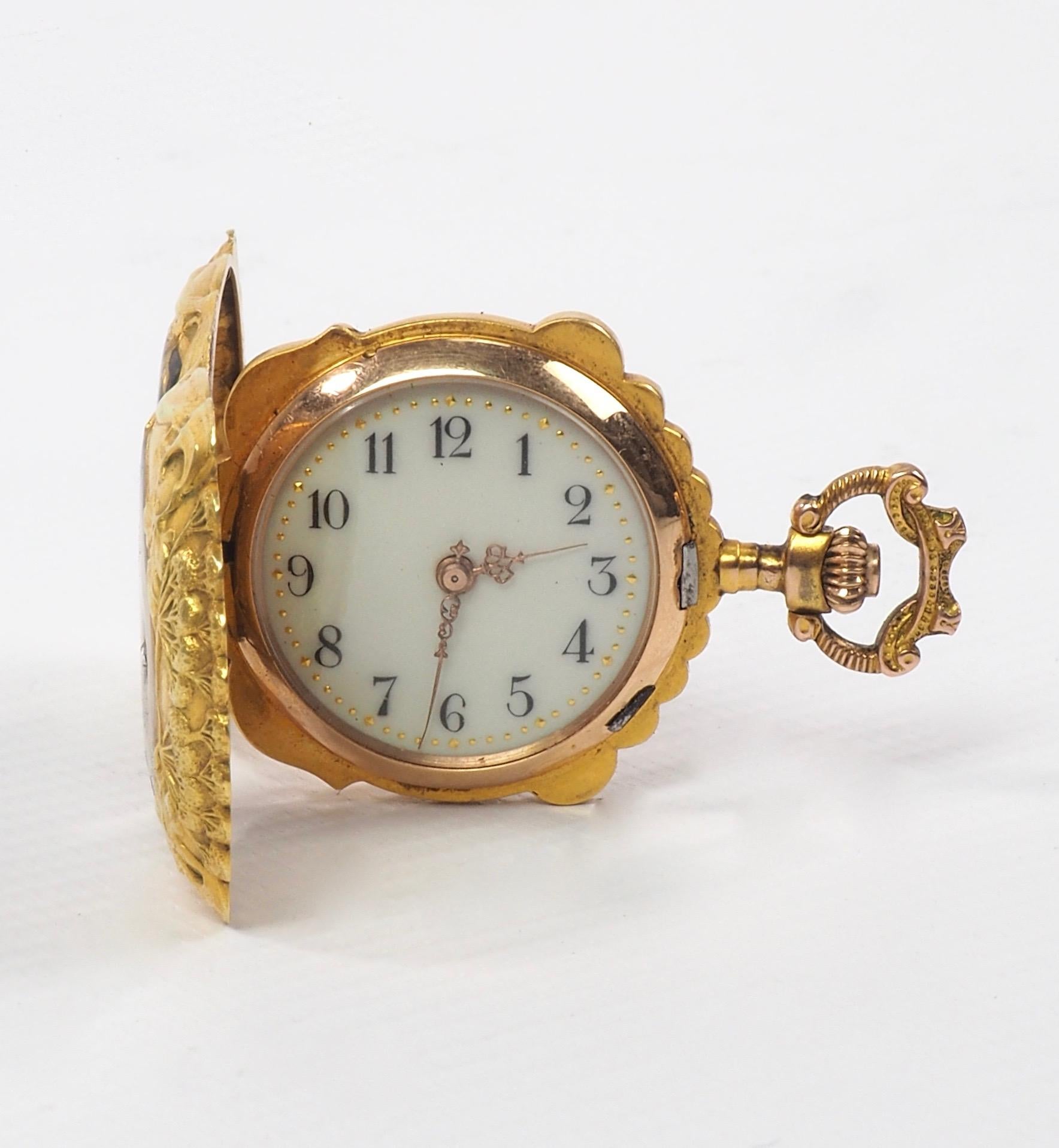 French Art Nouveau Gold and Diamond Enamel Pocket Watch In Good Condition In London, GB