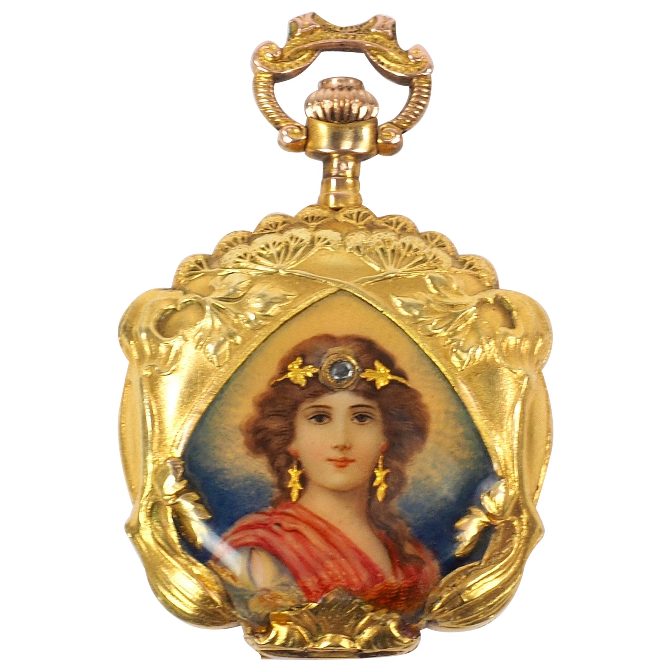 French Art Nouveau Gold and Diamond Enamel Pocket Watch