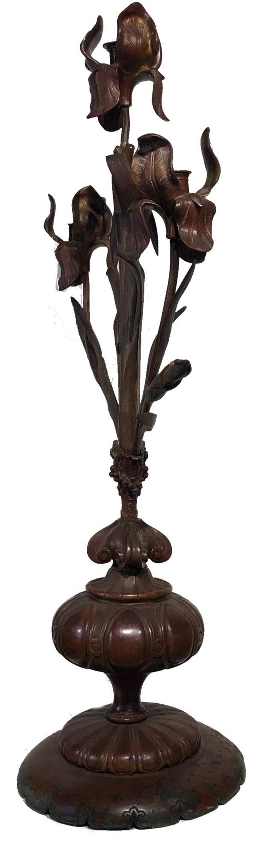 Iris-Kandelaber aus Bronze im französischen Art nouveau-Stil, um 1900 im Angebot 5