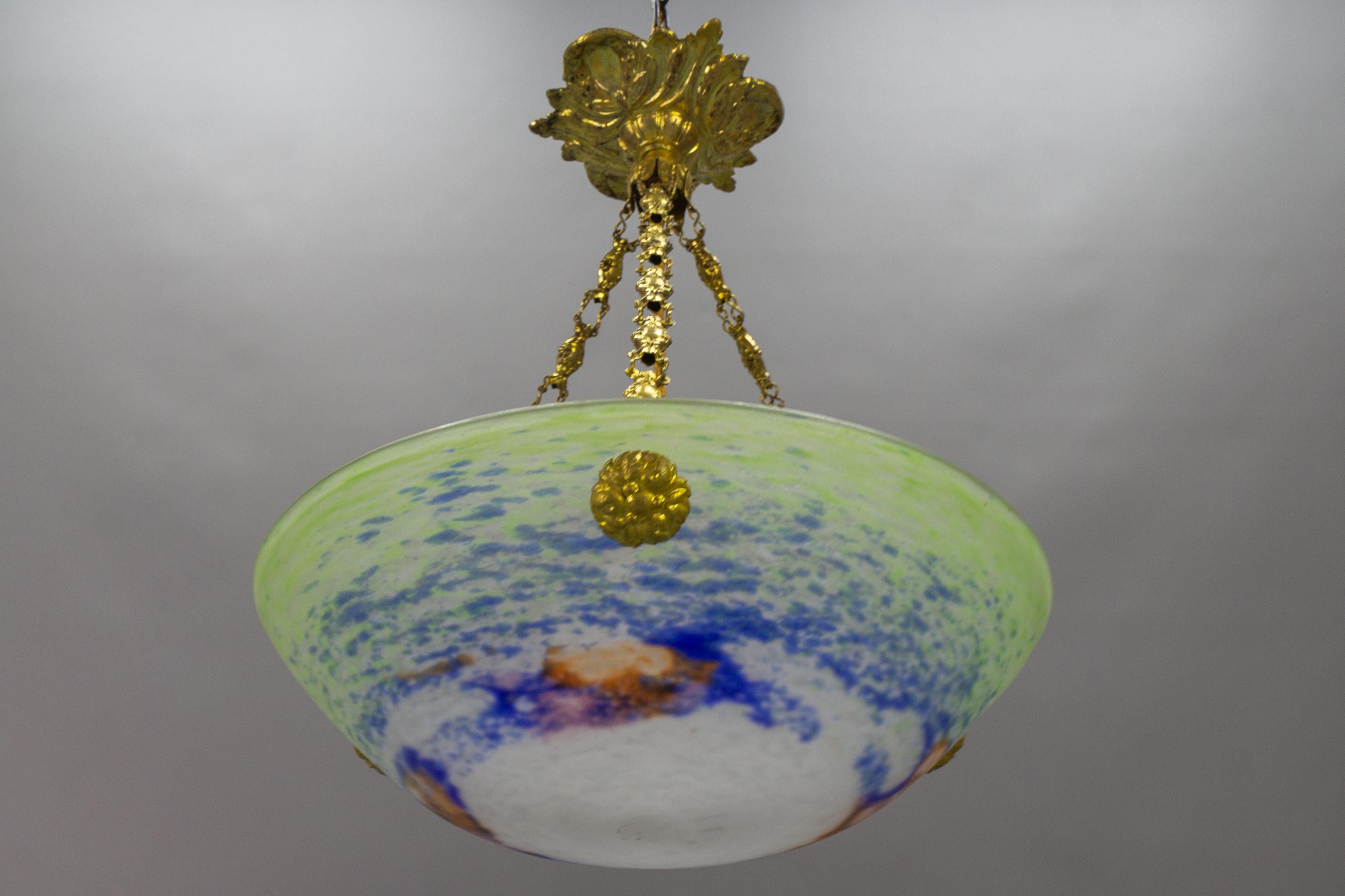 French Art Nouveau Green, Blue and White Glass and Brass Pendant Light, 1920s For Sale 5