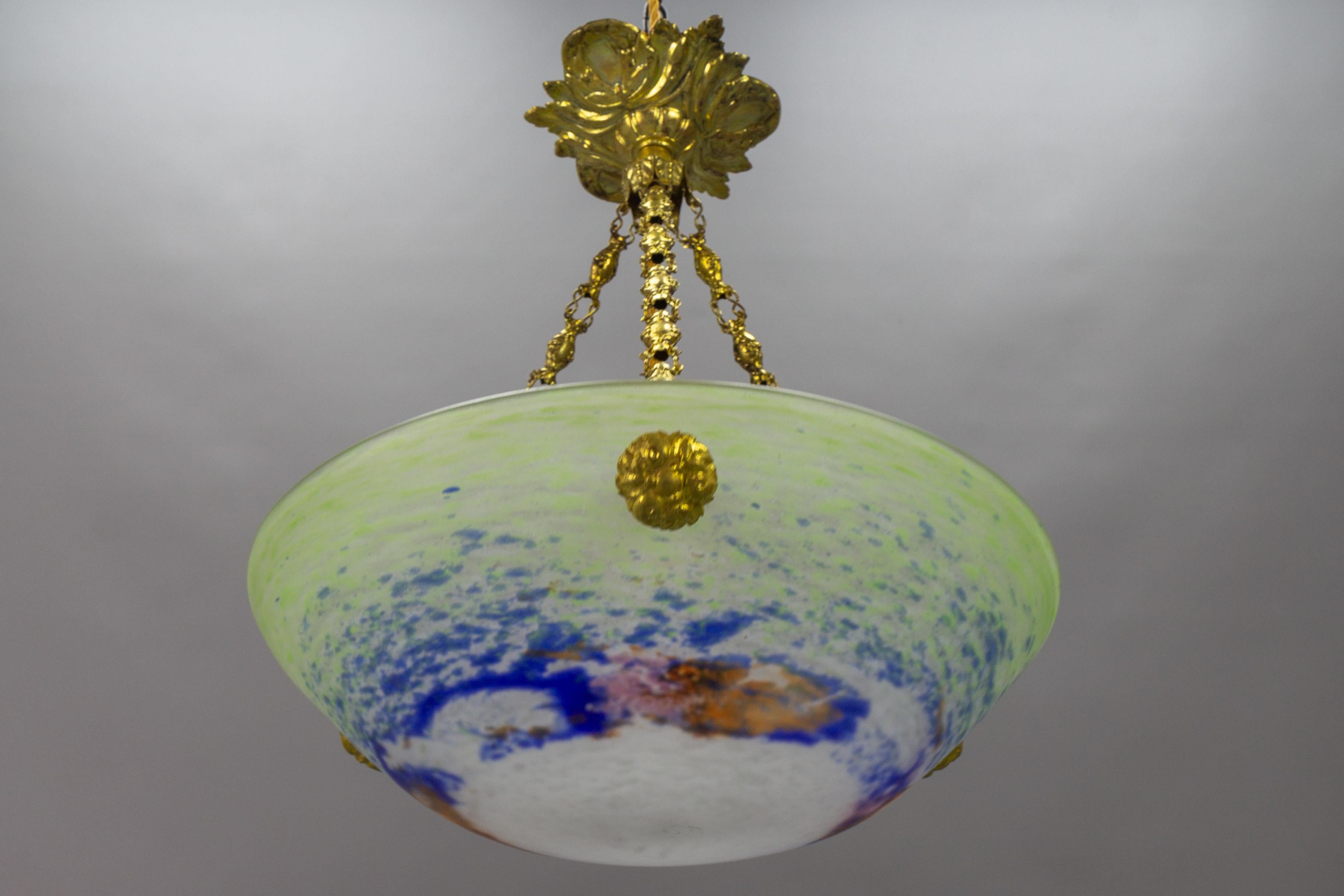 French Art Nouveau Green, Blue and White Glass and Brass Pendant Light, 1920s For Sale 7