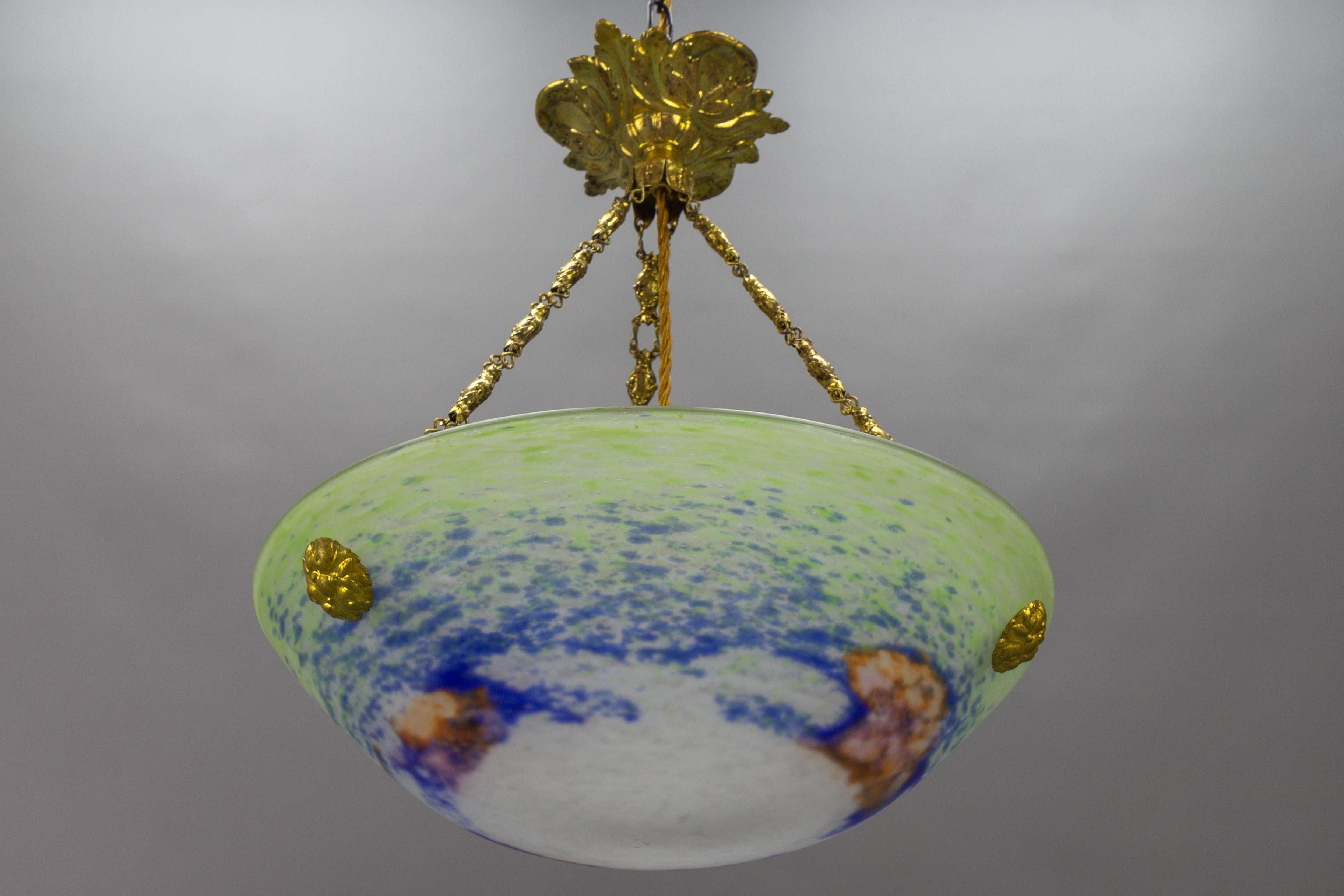 French Art Nouveau Green, Blue and White Glass and Brass Pendant Light, 1920s In Good Condition In Barntrup, DE