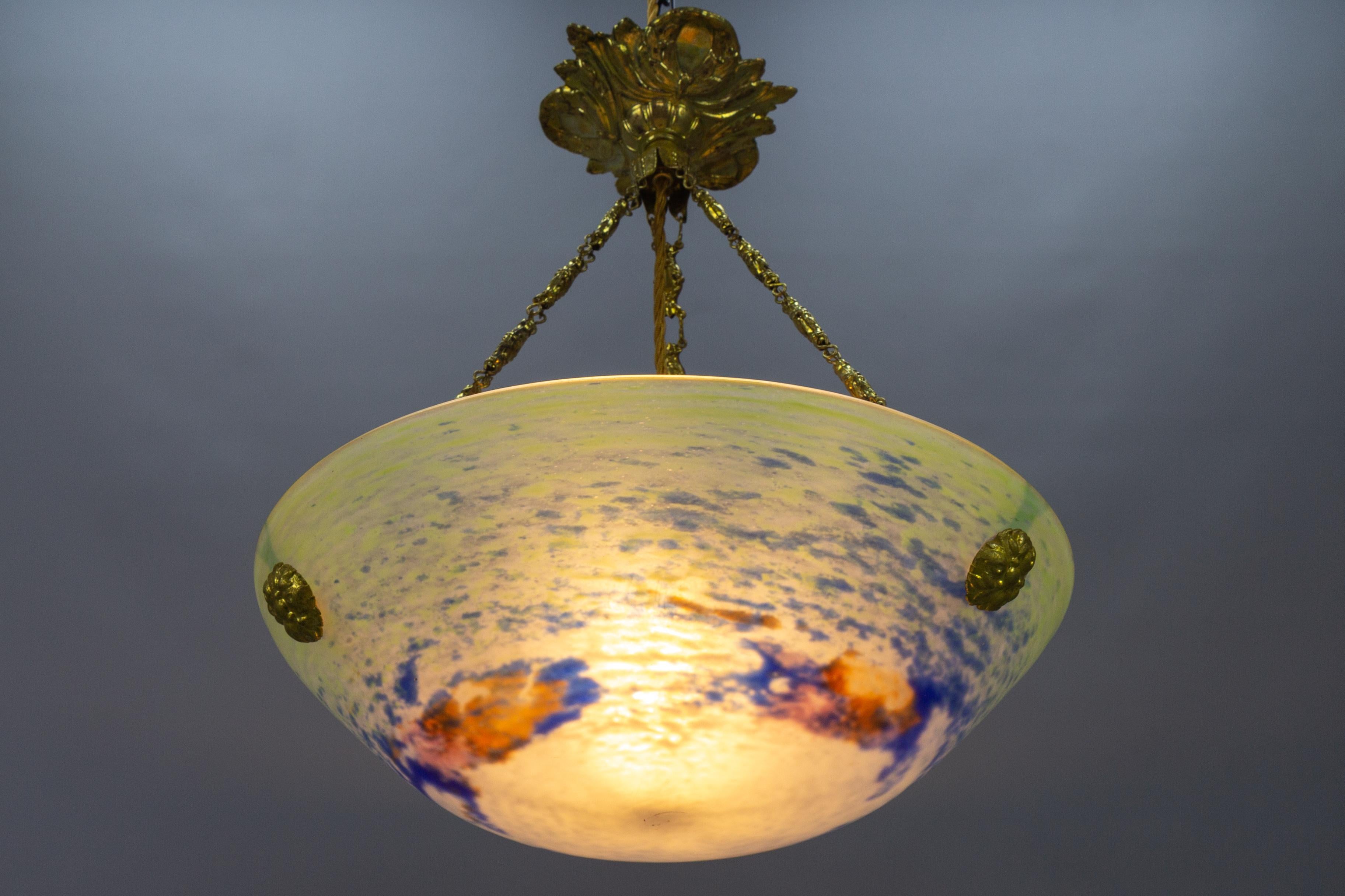 Metal French Art Nouveau Green, Blue and White Glass and Brass Pendant Light, 1920s For Sale