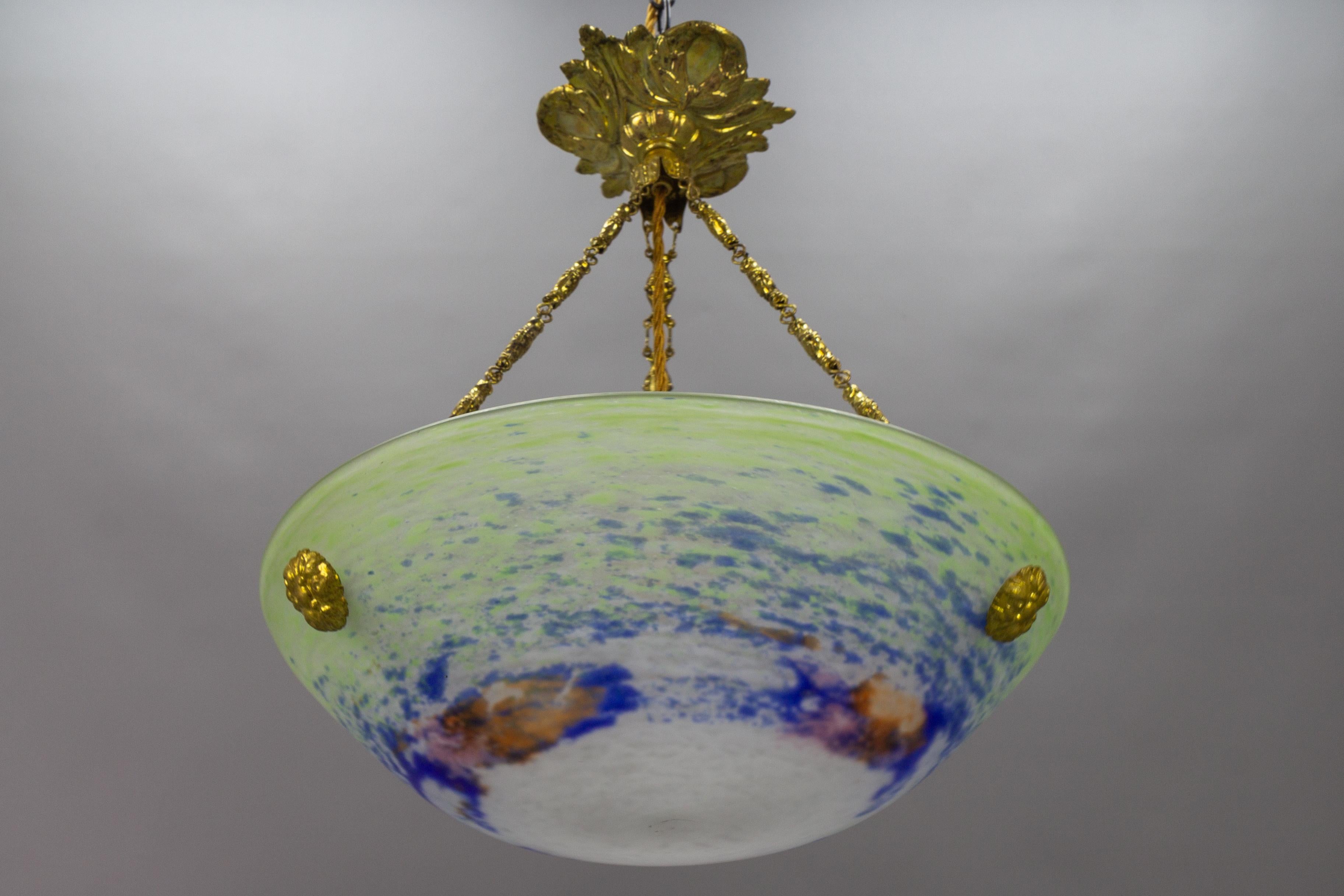 French Art Nouveau Green, Blue and White Glass and Brass Pendant Light, 1920s For Sale 4