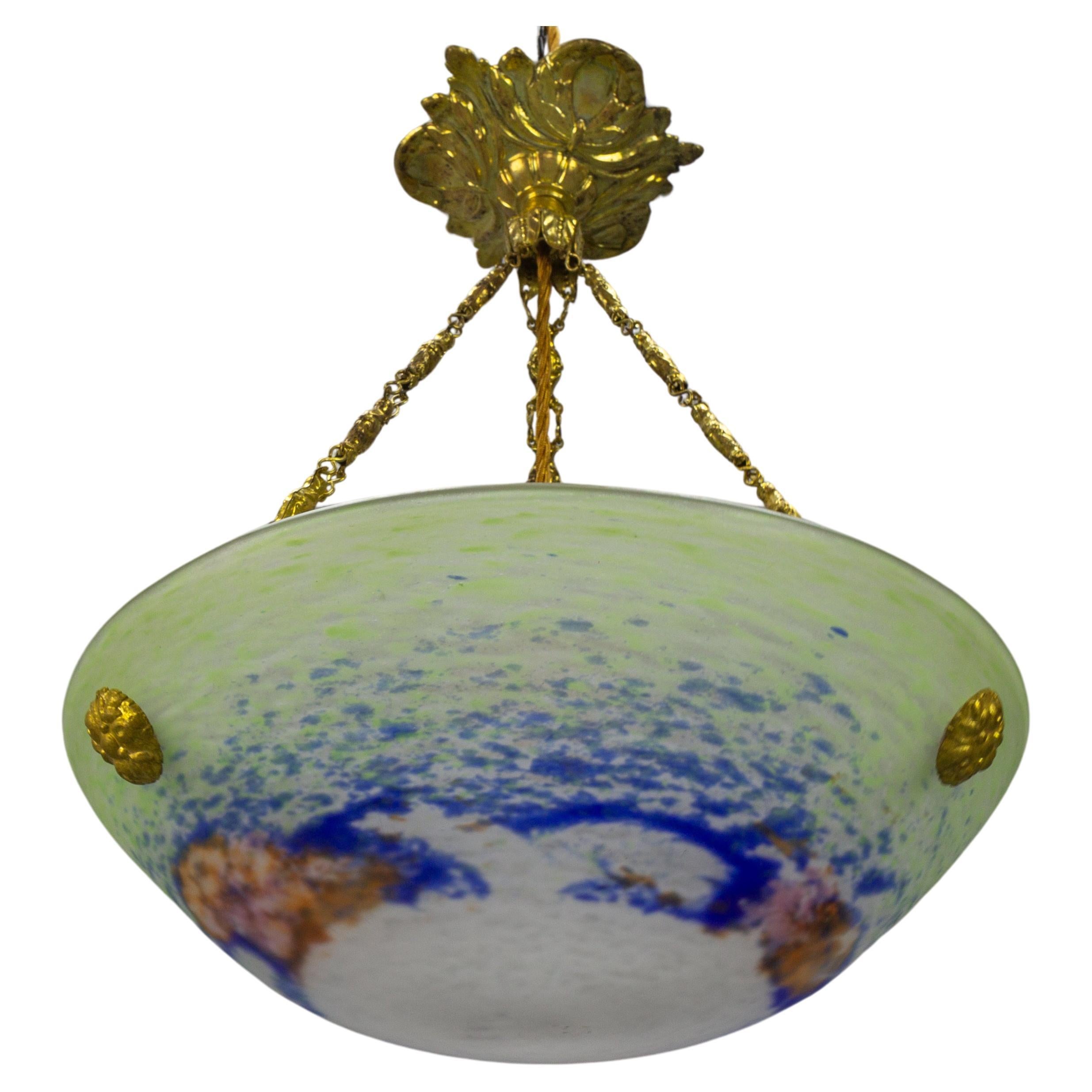 French Art Nouveau Green, Blue and White Glass and Brass Pendant Light, 1920s For Sale