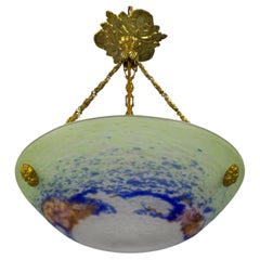 French Art Nouveau Green, Blue and White Glass and Brass Pendant Light, 1920s