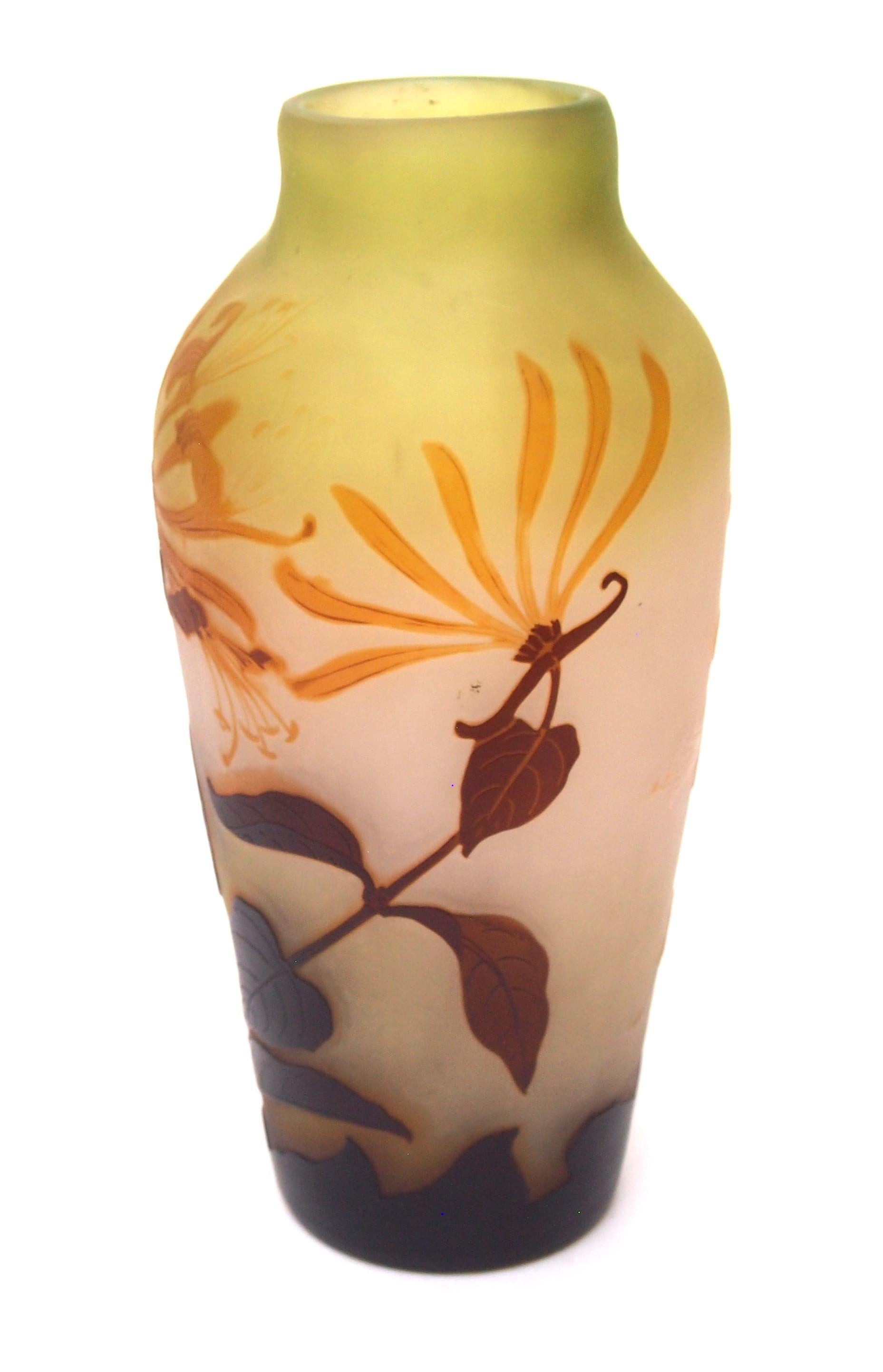 Stunning and dramatic, large and very early Emile Galle cameo vase in vibrant orange and dark brown over pale green -a baluster shaped vase depicting dramatically flowering large honeysuckle blooms. It is signed in raised cameo -and has a