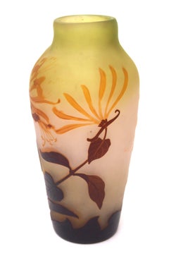 French Art Nouveau Green + Orange Emile Galle Cameo Glass Vase with Honeysuckle
