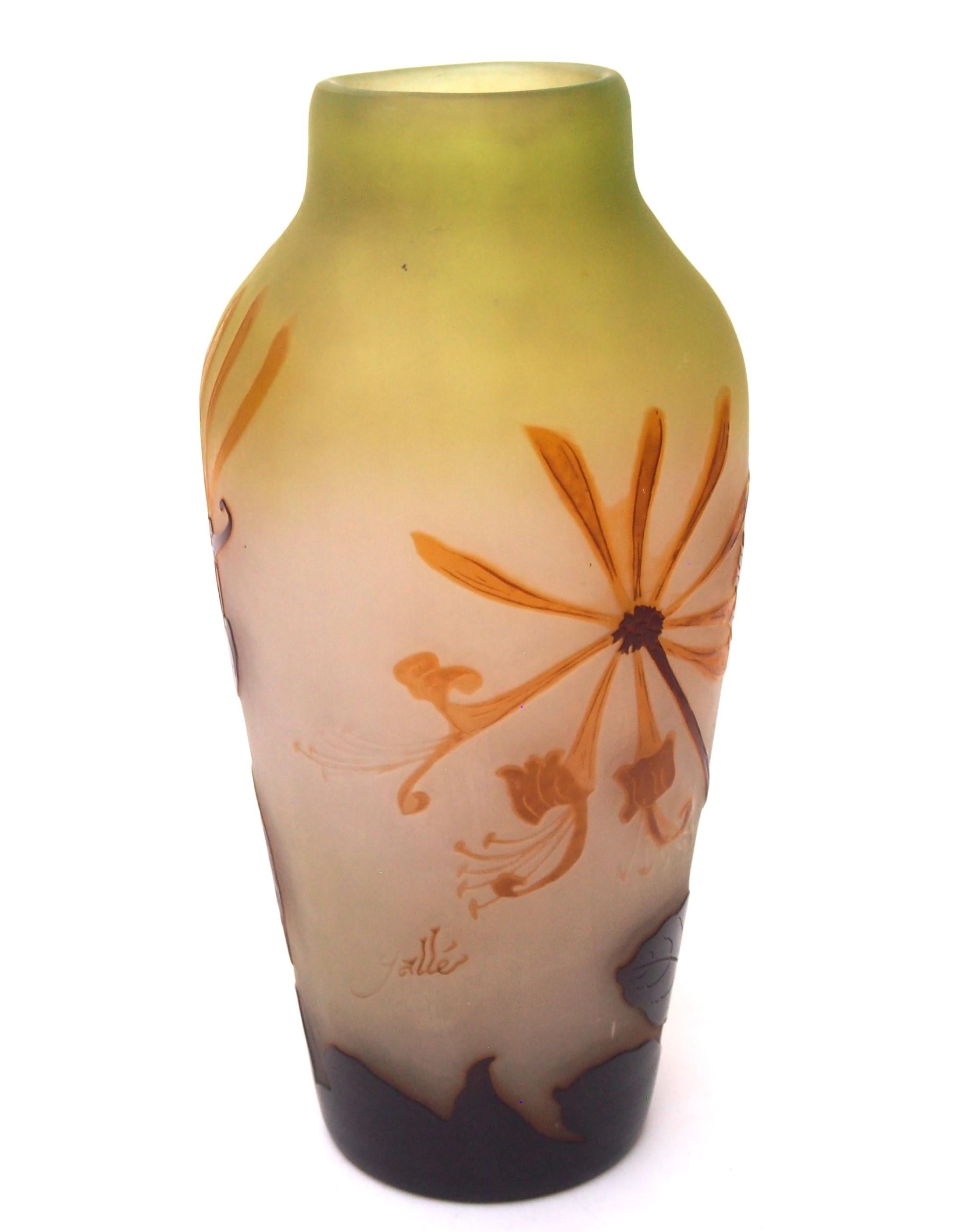 French Art Nouveau Green + Orange Emile Galle Cameo Glass Vase with Honeysuckle In Good Condition For Sale In Worcester Park, GB