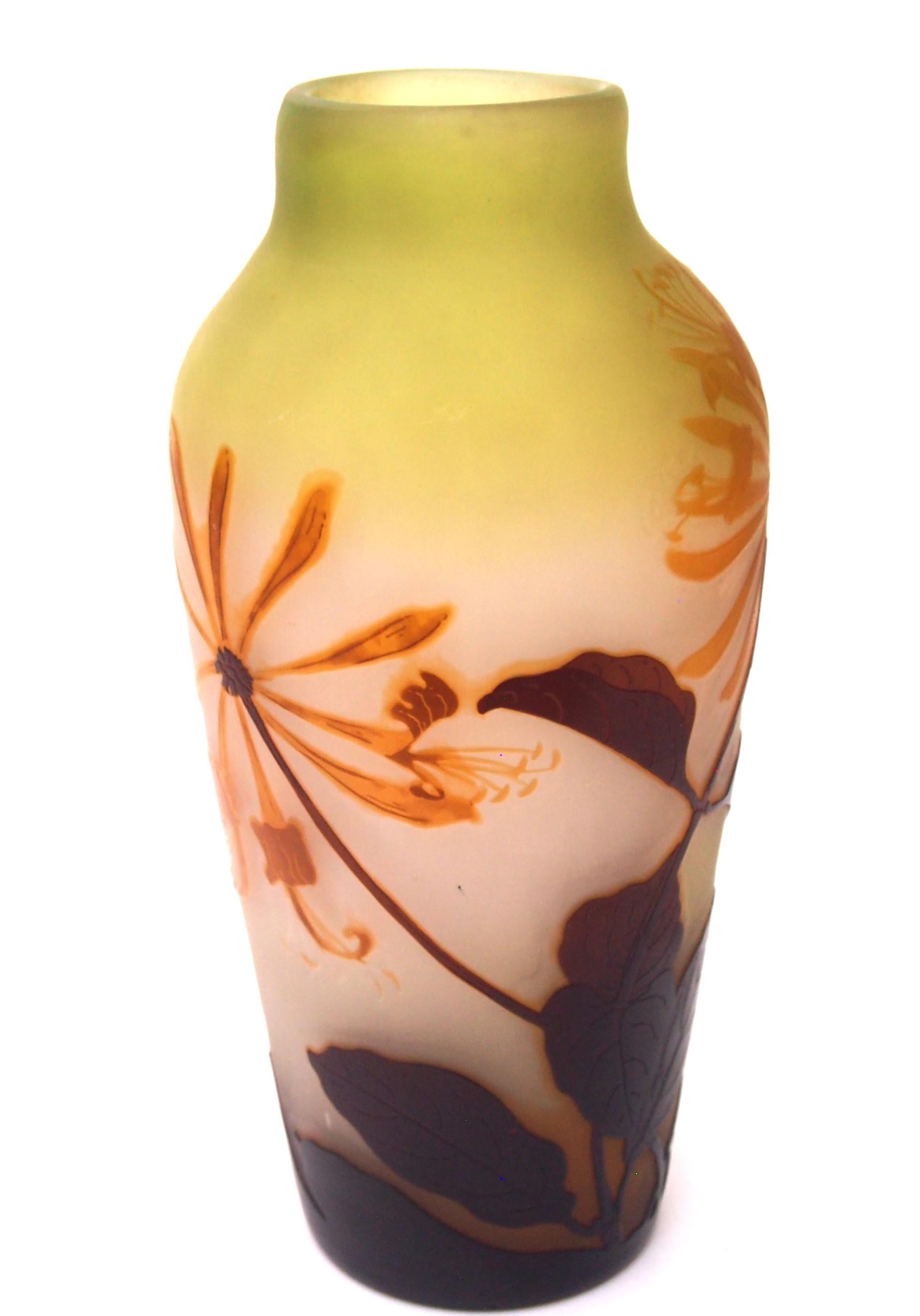 Early 20th Century French Art Nouveau Green + Orange Emile Galle Cameo Glass Vase with Honeysuckle For Sale