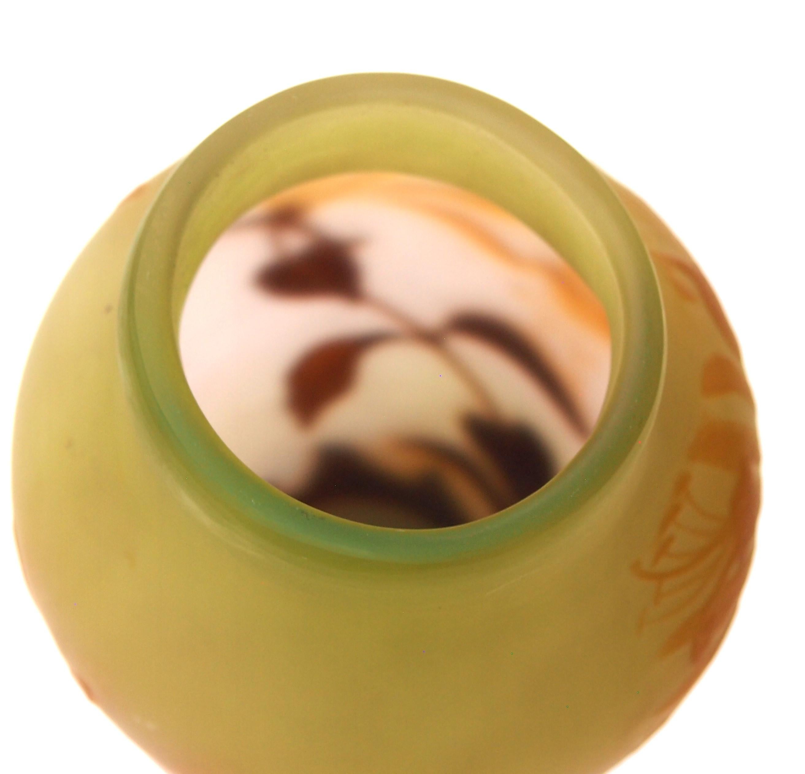 Art Glass French Art Nouveau Green + Orange Emile Galle Cameo Glass Vase with Honeysuckle For Sale