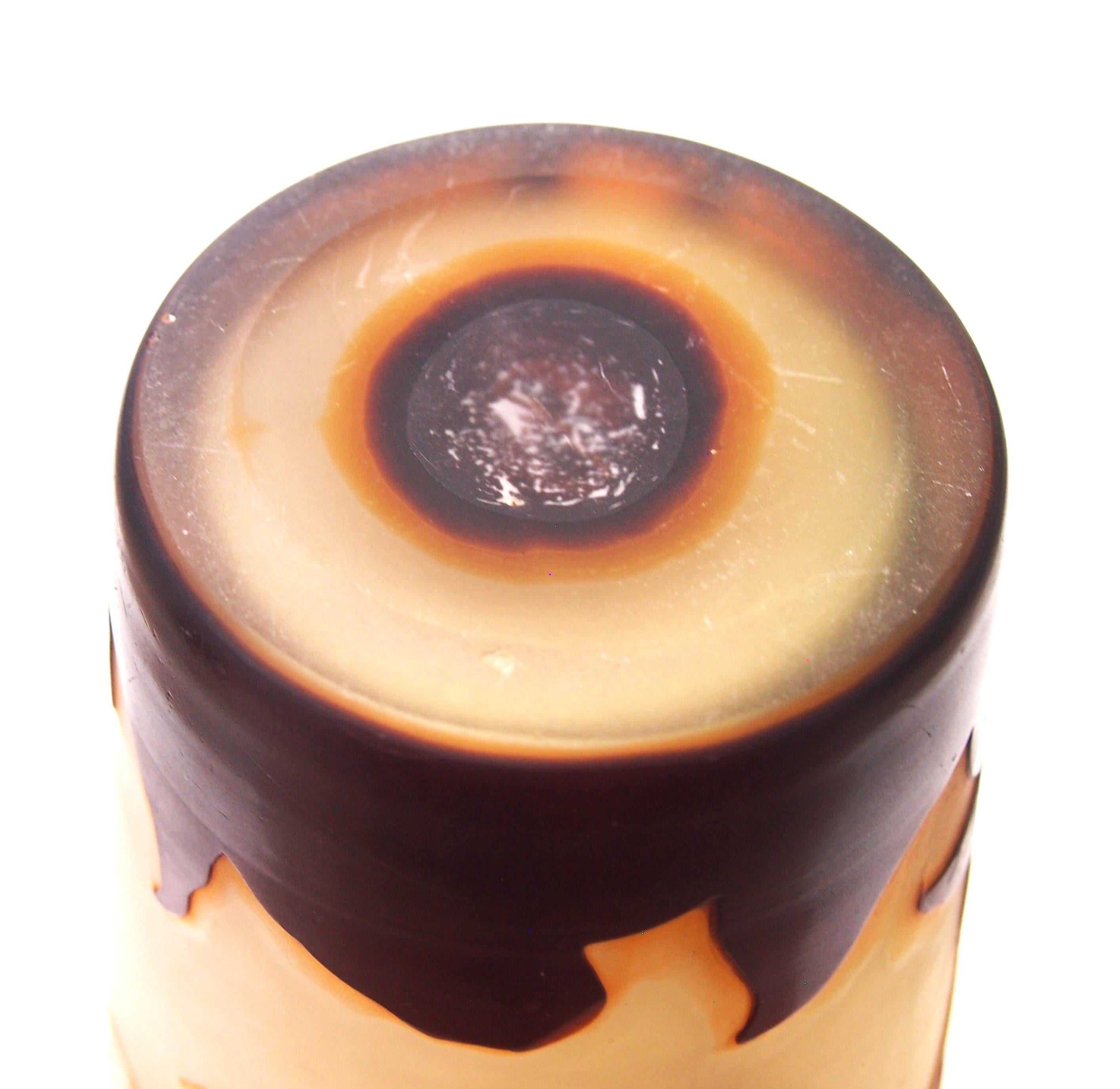 French Art Nouveau Green + Orange Emile Galle Cameo Glass Vase with Honeysuckle For Sale 2