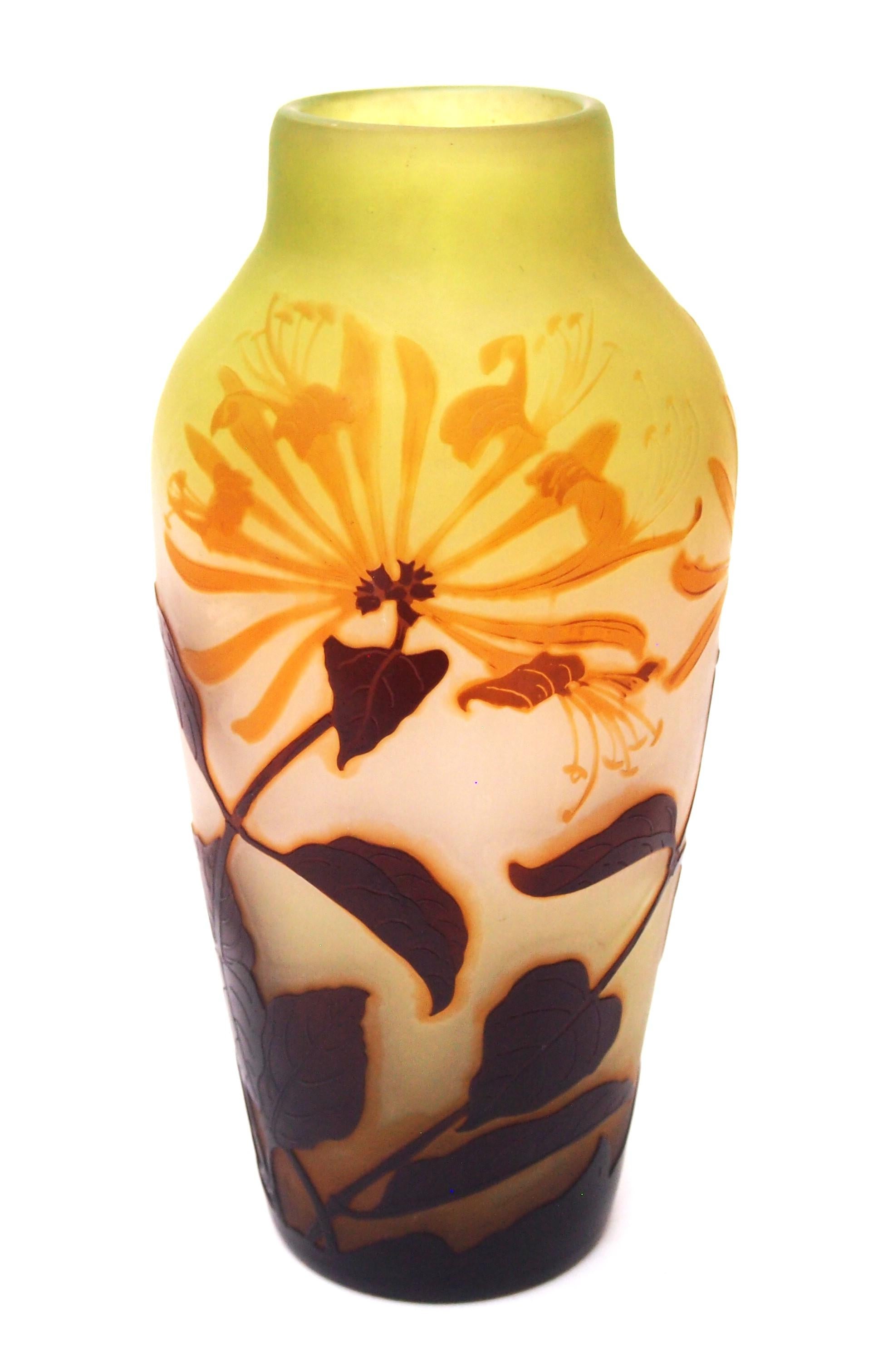 French Art Nouveau Green + Orange Emile Galle Cameo Glass Vase with Honeysuckle For Sale 3