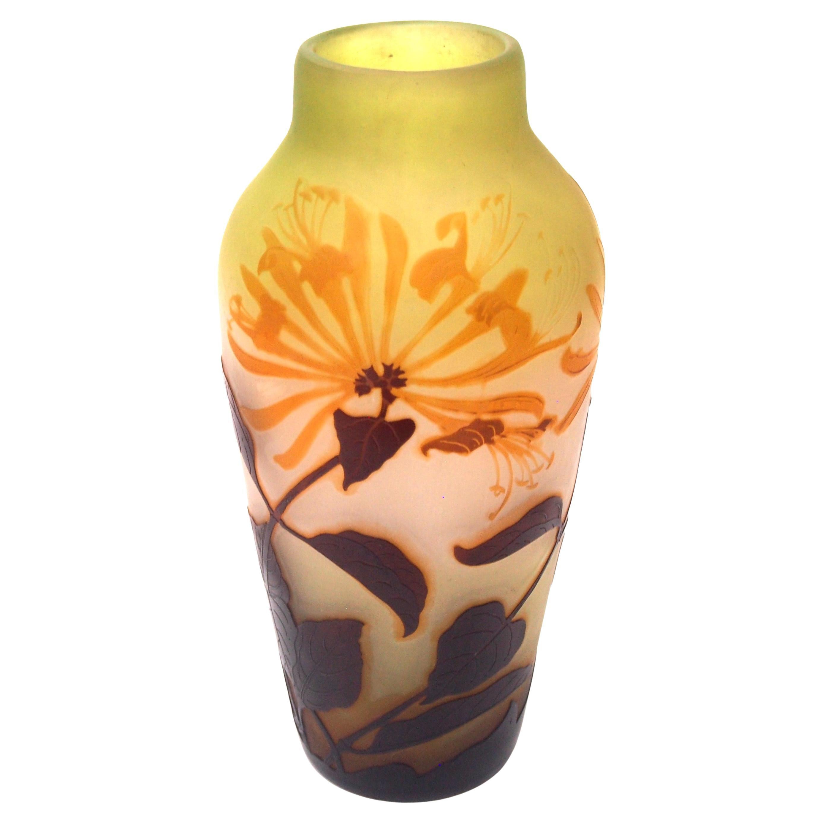 French Art Nouveau Green + Orange Emile Galle Cameo Glass Vase with Honeysuckle For Sale