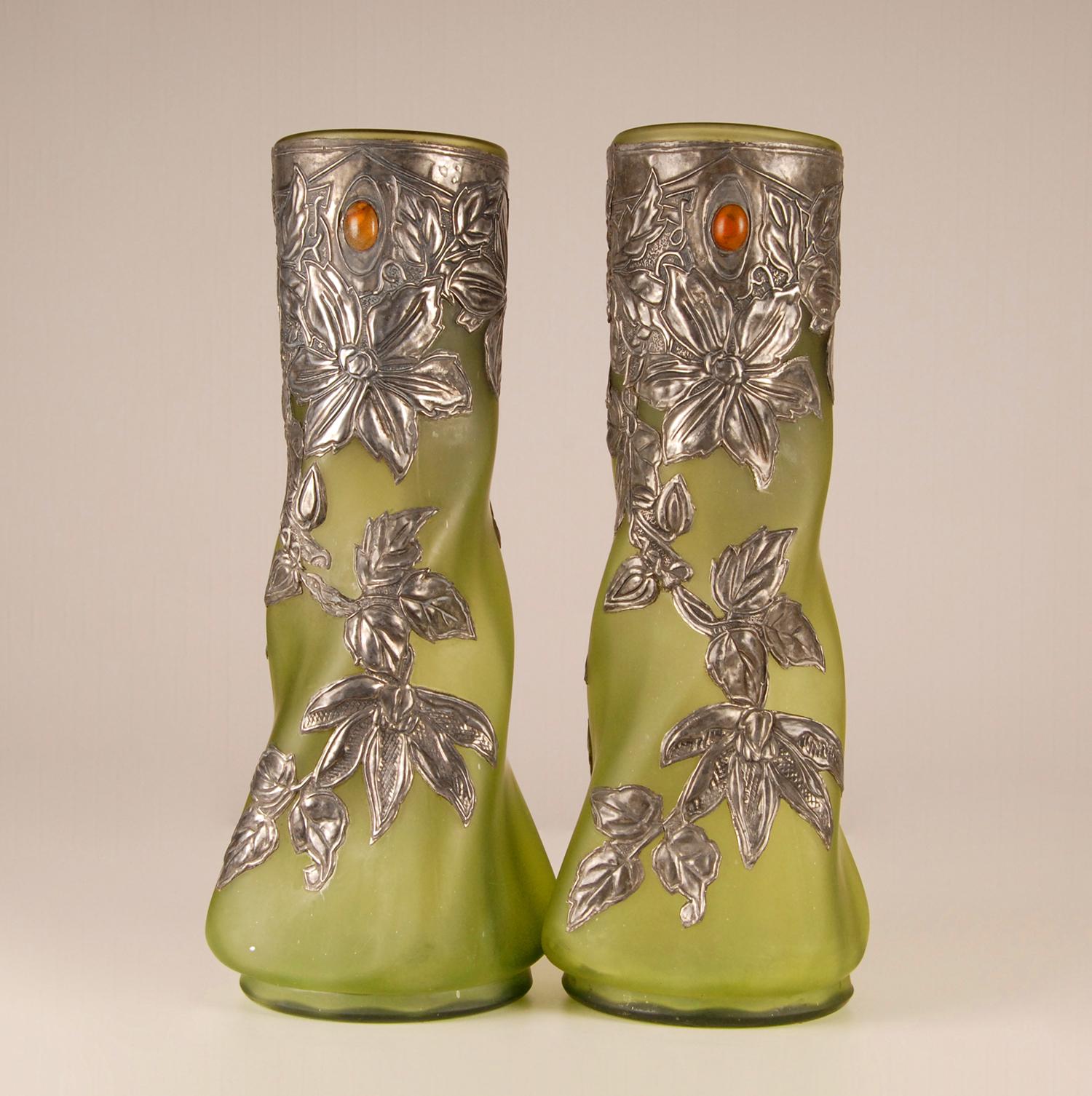 French Art Nouveau Green Pate De Verre Pewter and Glass Paste Jewelled Vases 5