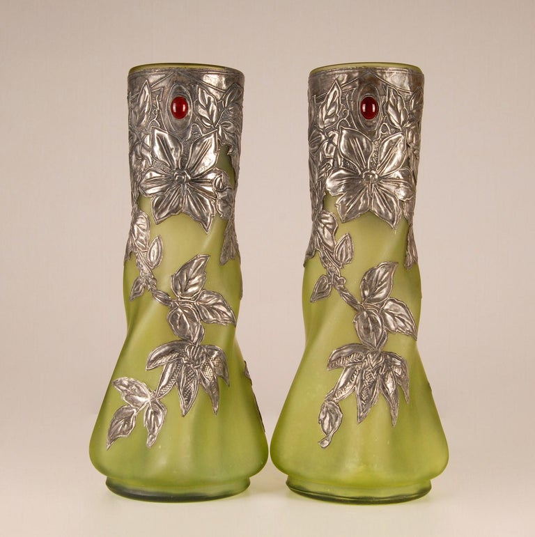 French Art Nouveau Green Pate De Verre Pewter and Glass Paste Jewelled Vases  For Sale at 1stDibs