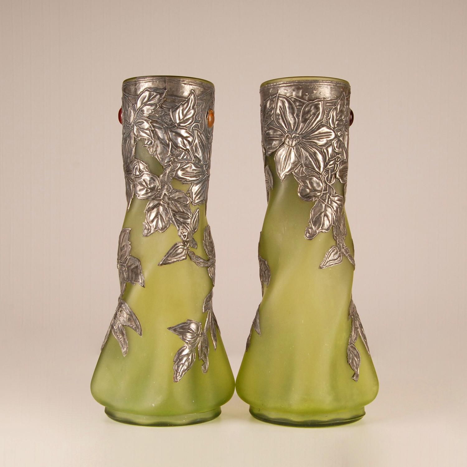 Late 19th Century French Art Nouveau Green Pate De Verre Pewter and Glass Paste Jewelled Vases For Sale