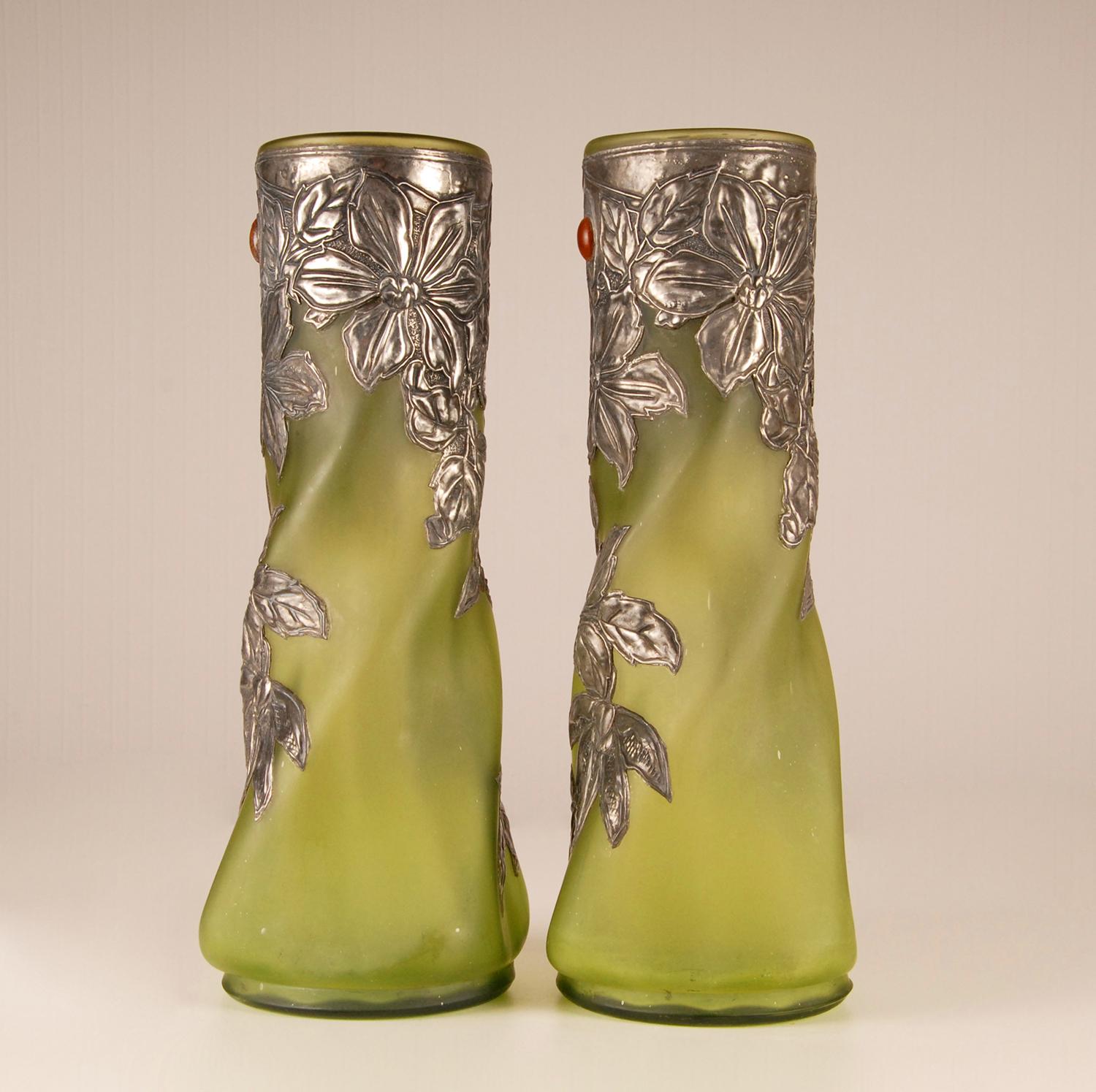 Art Glass French Art Nouveau Green Pate De Verre Pewter and Glass Paste Jewelled Vases For Sale