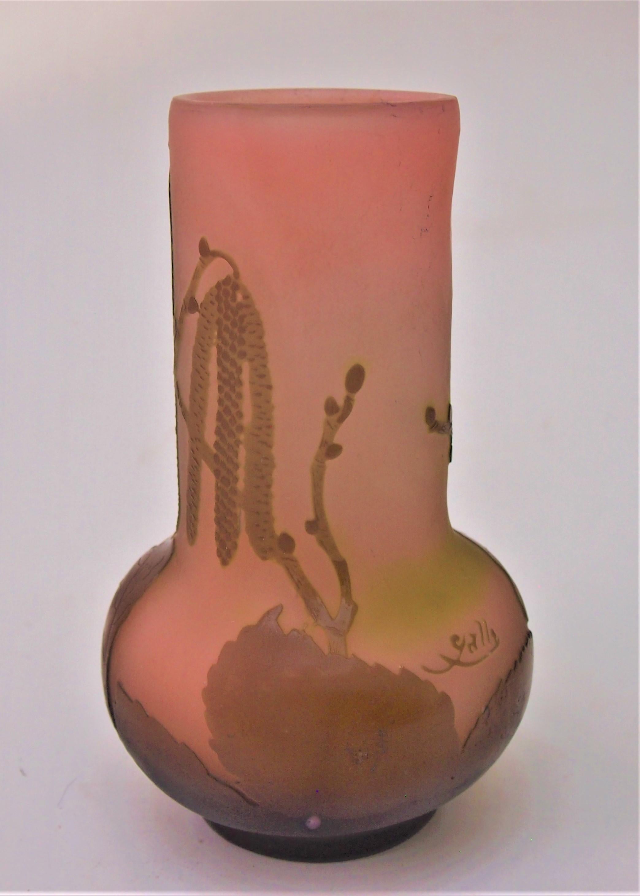 Rare green and brown over pink cameo vase depicting 'Chatons du Noisetier', i.e. hazelnut catkins; a pattern designed 1906 (Design is mention in the 1906 new list ref: Provost) (designed by Paul Nicolas before his departure to St Louis) this example
