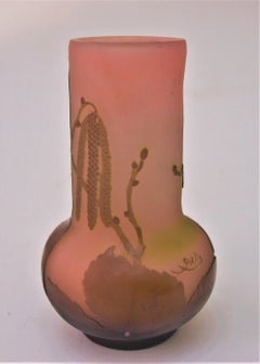 French Art Nouveau Green/Pink Emile Galle Cameo Glass Vase with Hazelnut Catkins
