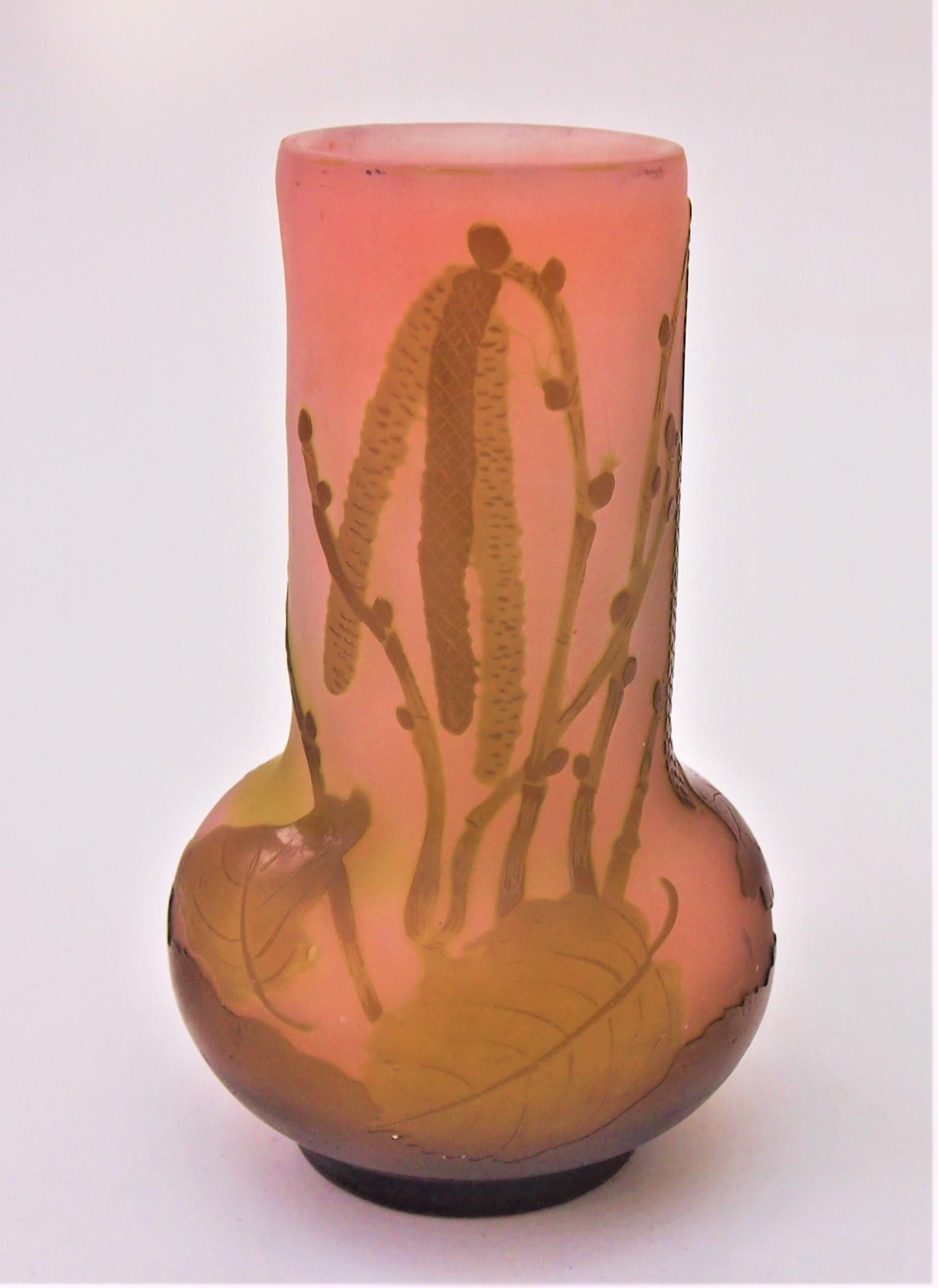 Early 20th Century French Art Nouveau Green/Pink Emile Galle Cameo Glass Vase with Hazelnut Catkins For Sale
