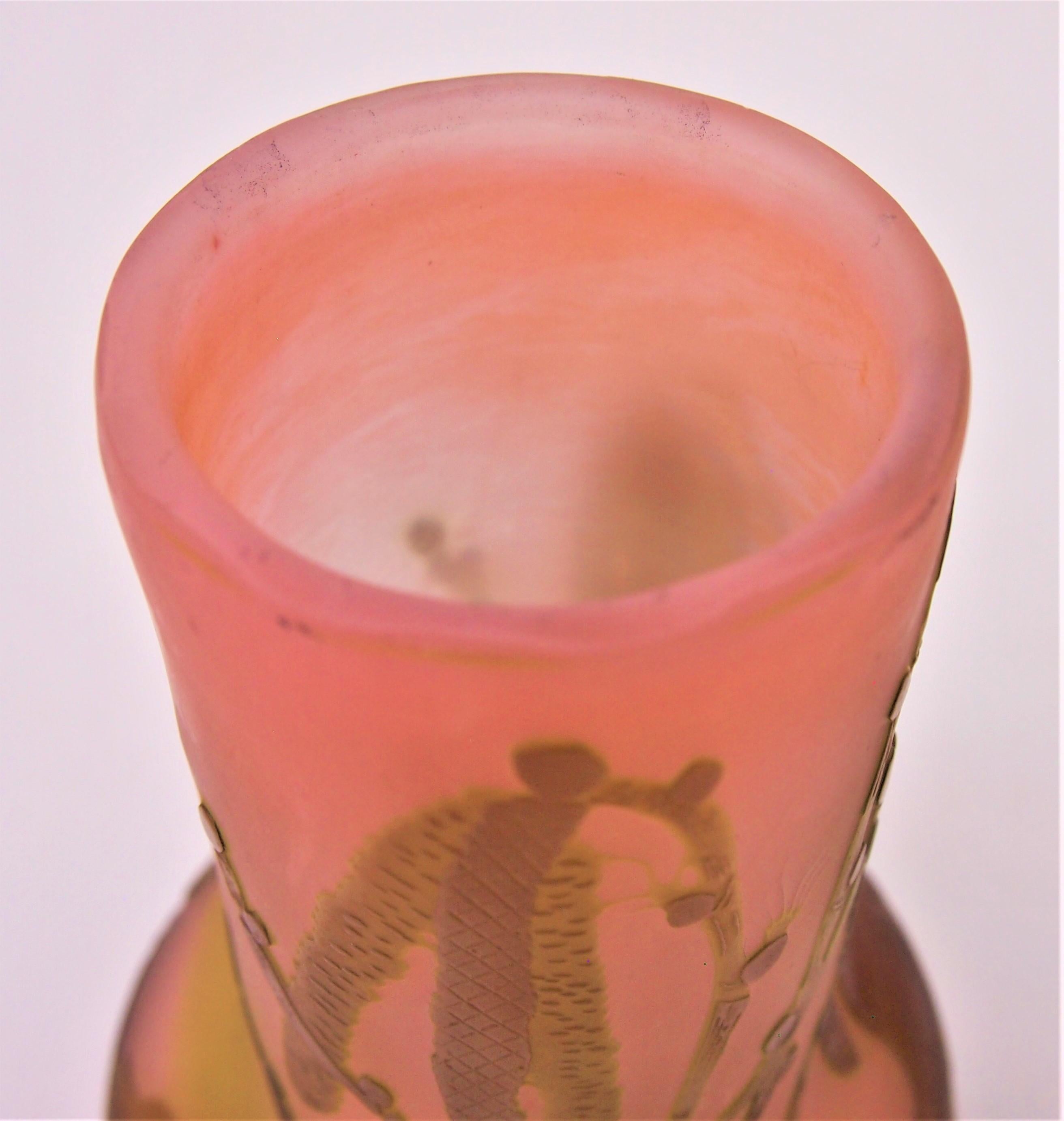 Art Glass French Art Nouveau Green/Pink Emile Galle Cameo Glass Vase with Hazelnut Catkins For Sale