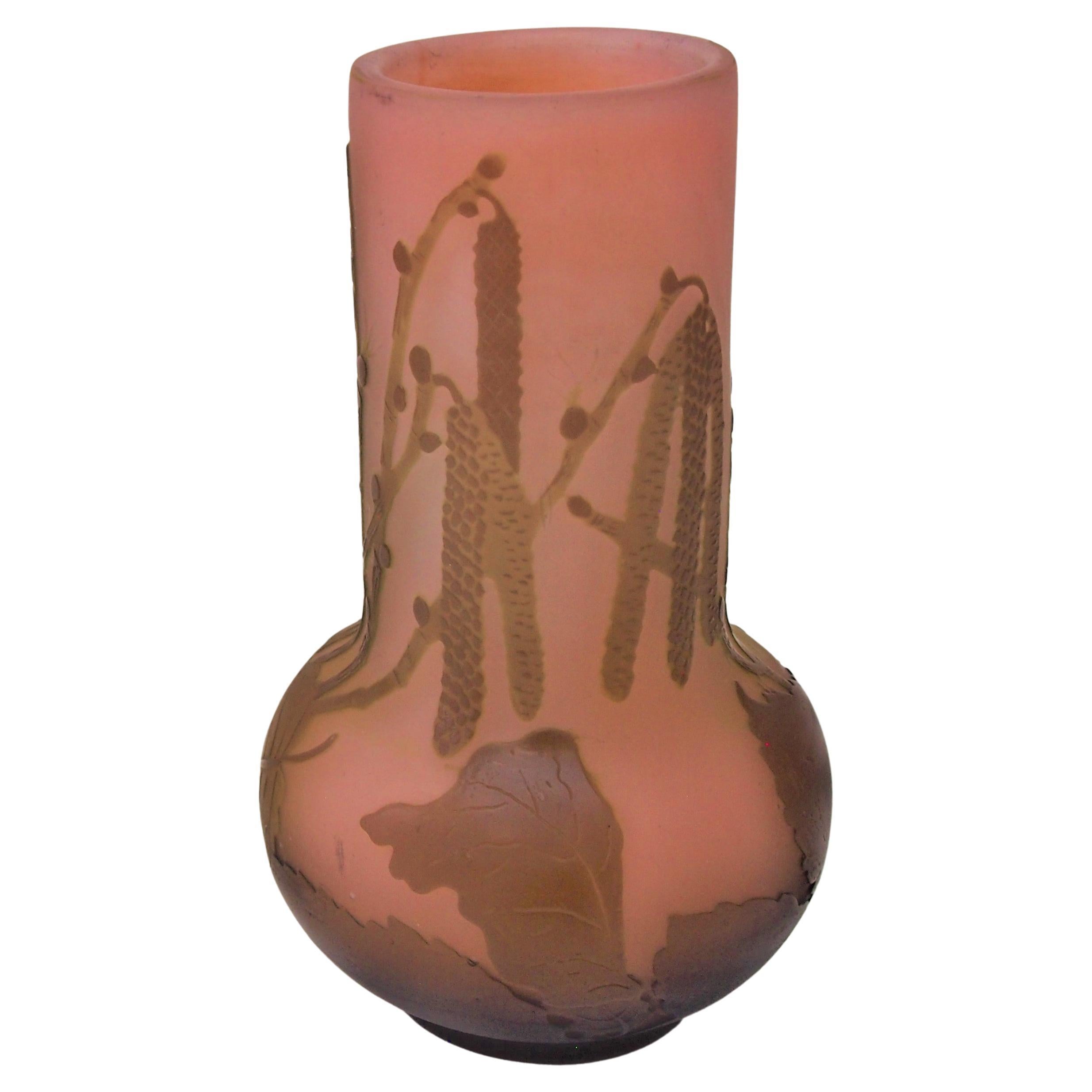 French Art Nouveau Green/Pink Emile Galle Cameo Glass Vase with Hazelnut Catkins For Sale