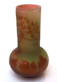 French Art Nouveau Green/Pink Emile Galle Cameo Glass Vase With Umbel seed pods