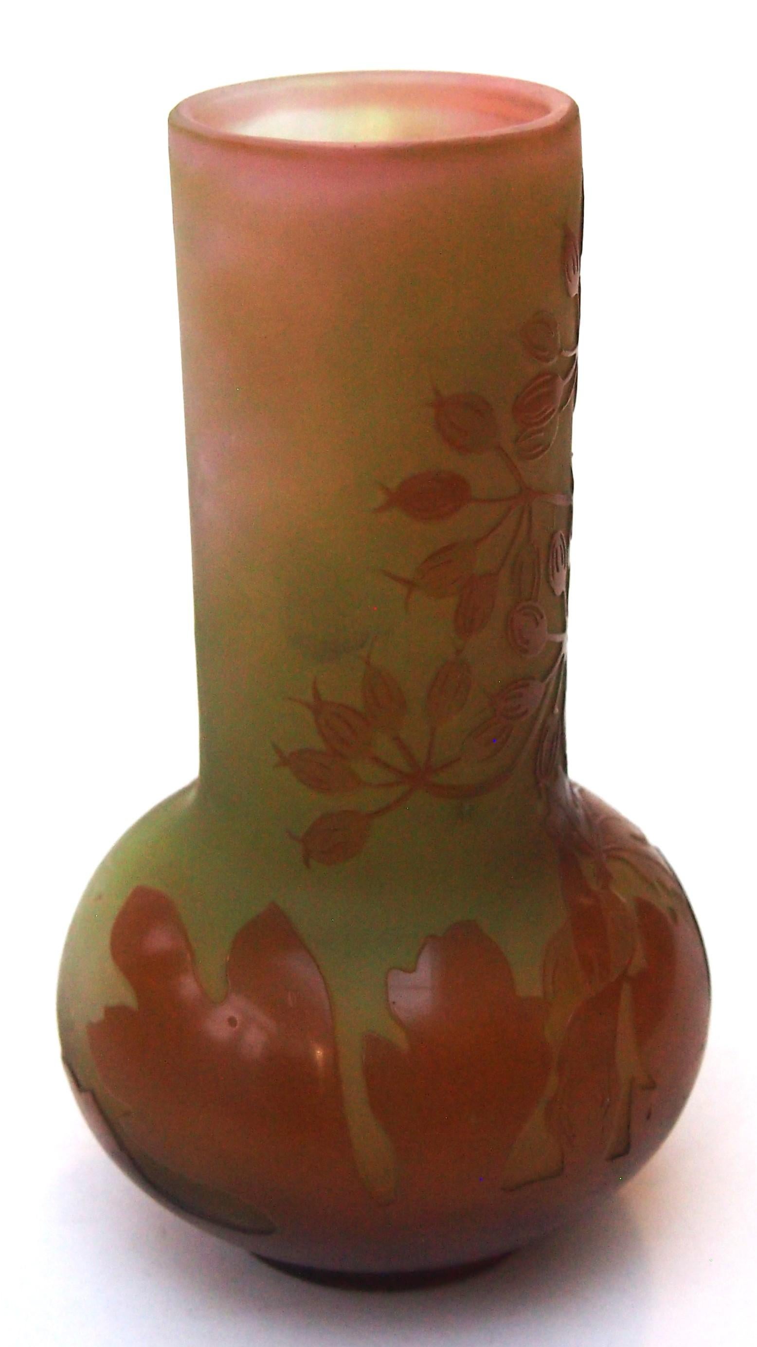 Jarrón francés Art Nouveau de vidrio camafeo verde/rosa de Emile Galle con vainas de semillas Umbel en Bueno estado para la venta en Worcester Park, GB