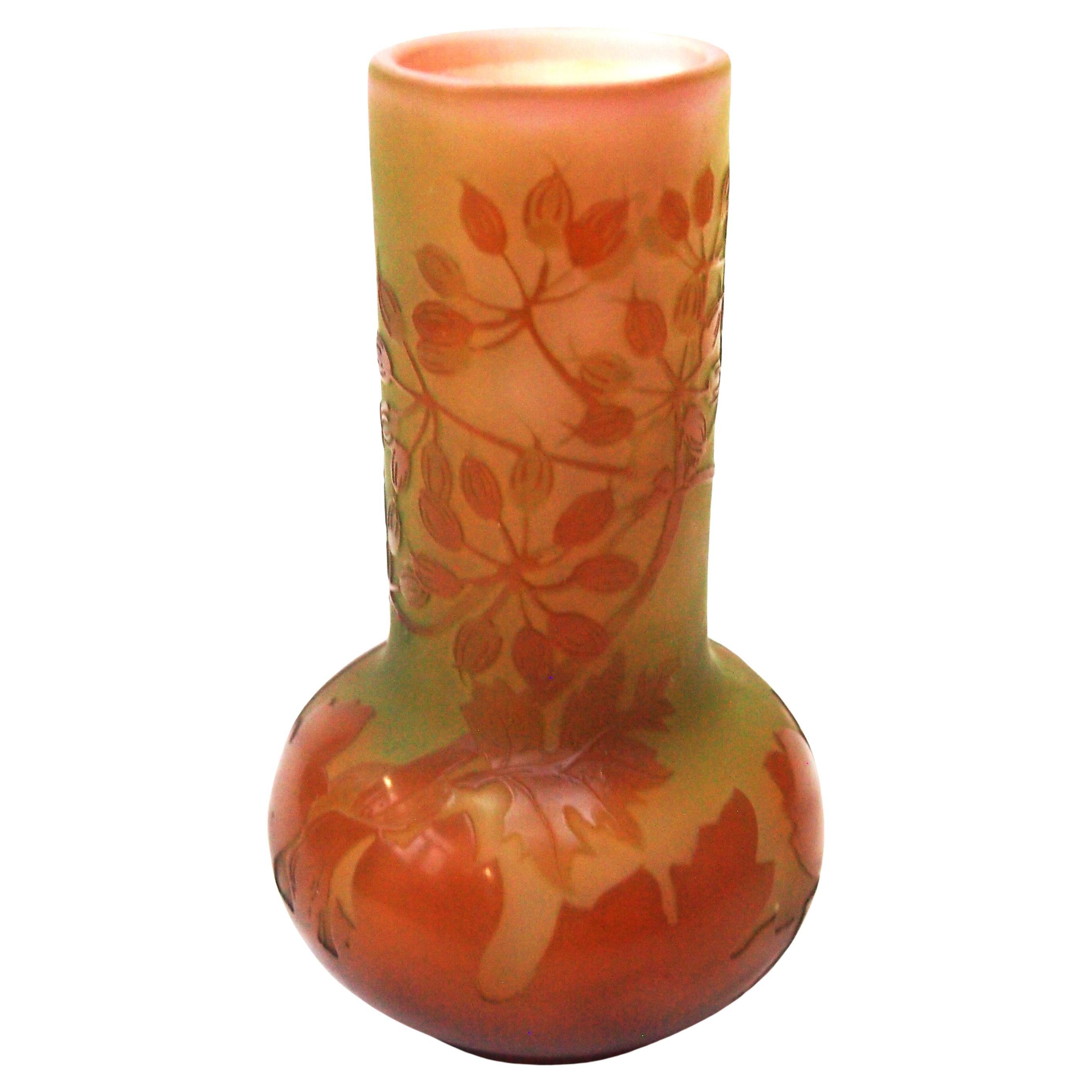 Jarrón francés Art Nouveau de vidrio camafeo verde/rosa de Emile Galle con vainas de semillas Umbel en venta