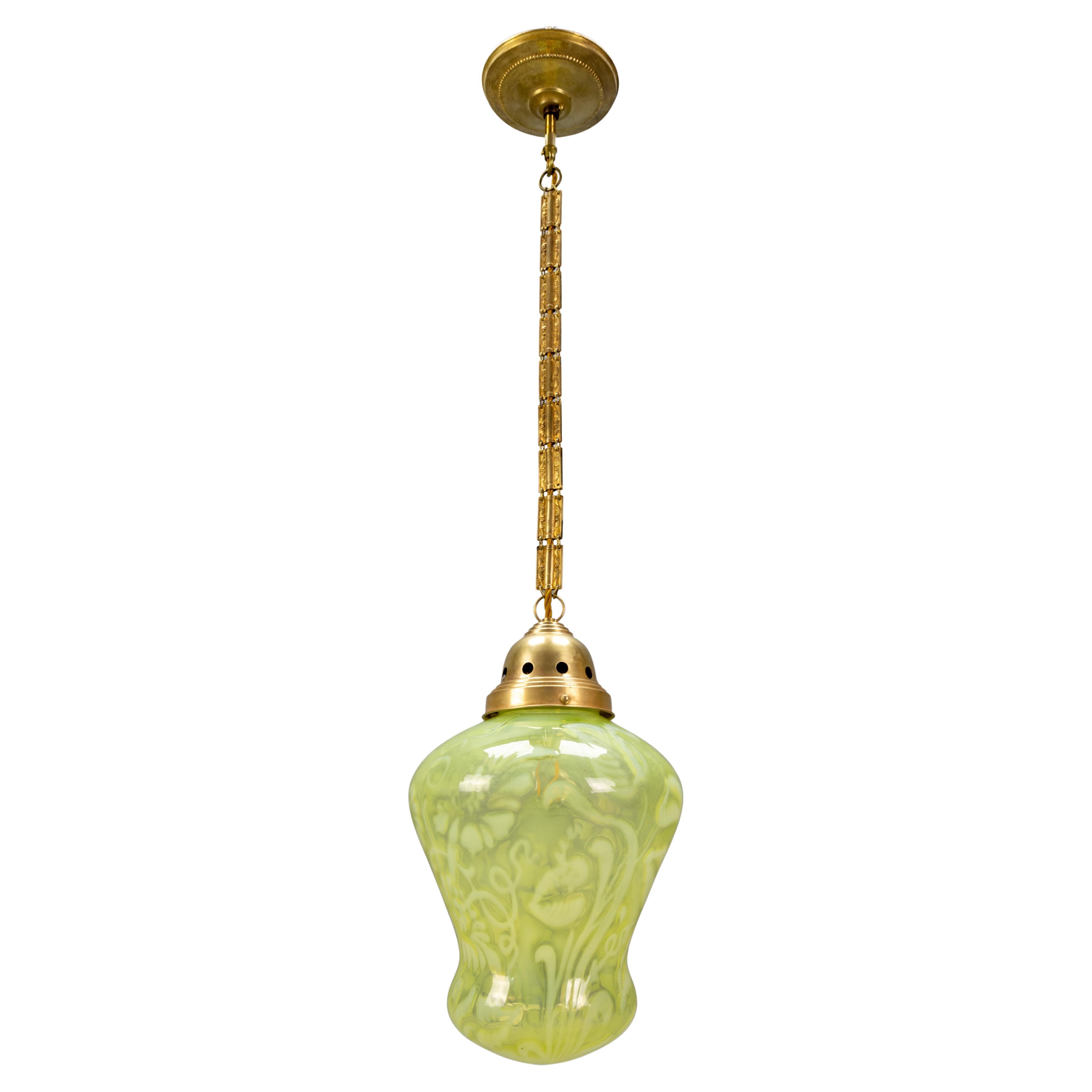 French Art Nouveau Green Vaseline Glass Pendant Light with Brass Chain, ca 1920