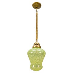 Antique French Art Nouveau Green Vaseline Glass Pendant Light with Brass Chain, ca 1920