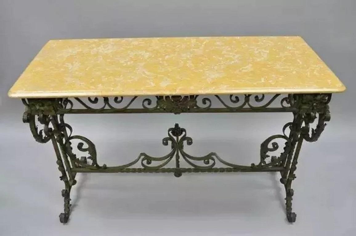 French Art Nouveau Green Wrought Iron Marble Top Scrolling Console Hall Table For Sale 6