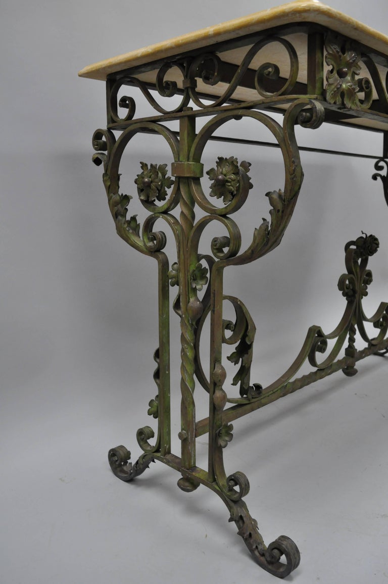 French Art Nouveau Green Wrought Iron Marble-Top Scrolling Console Hall Table In Good Condition For Sale In Philadelphia, PA