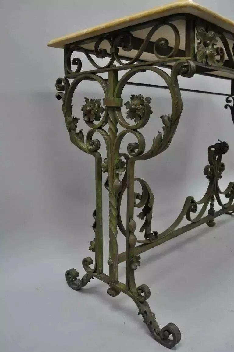 Unknown French Art Nouveau Green Wrought Iron Marble Top Scrolling Console Hall Table For Sale