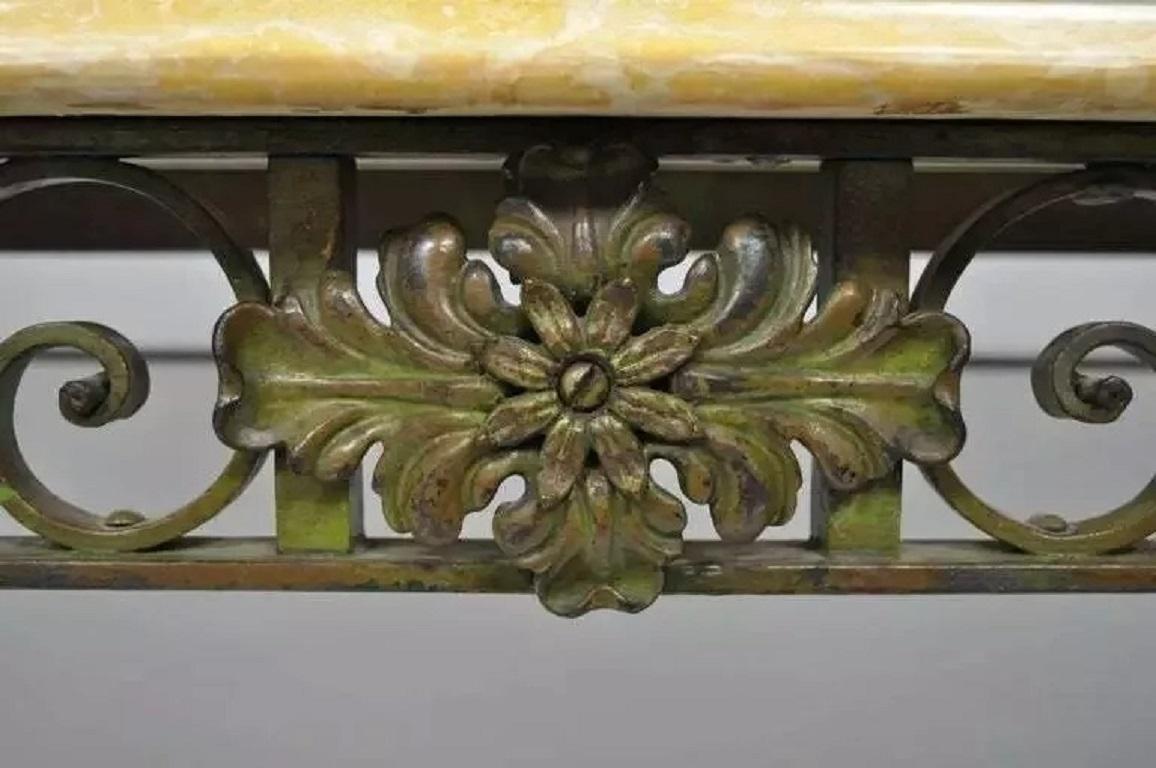 French Art Nouveau Green Wrought Iron Marble Top Scrolling Console Hall Table In Good Condition For Sale In Philadelphia, PA