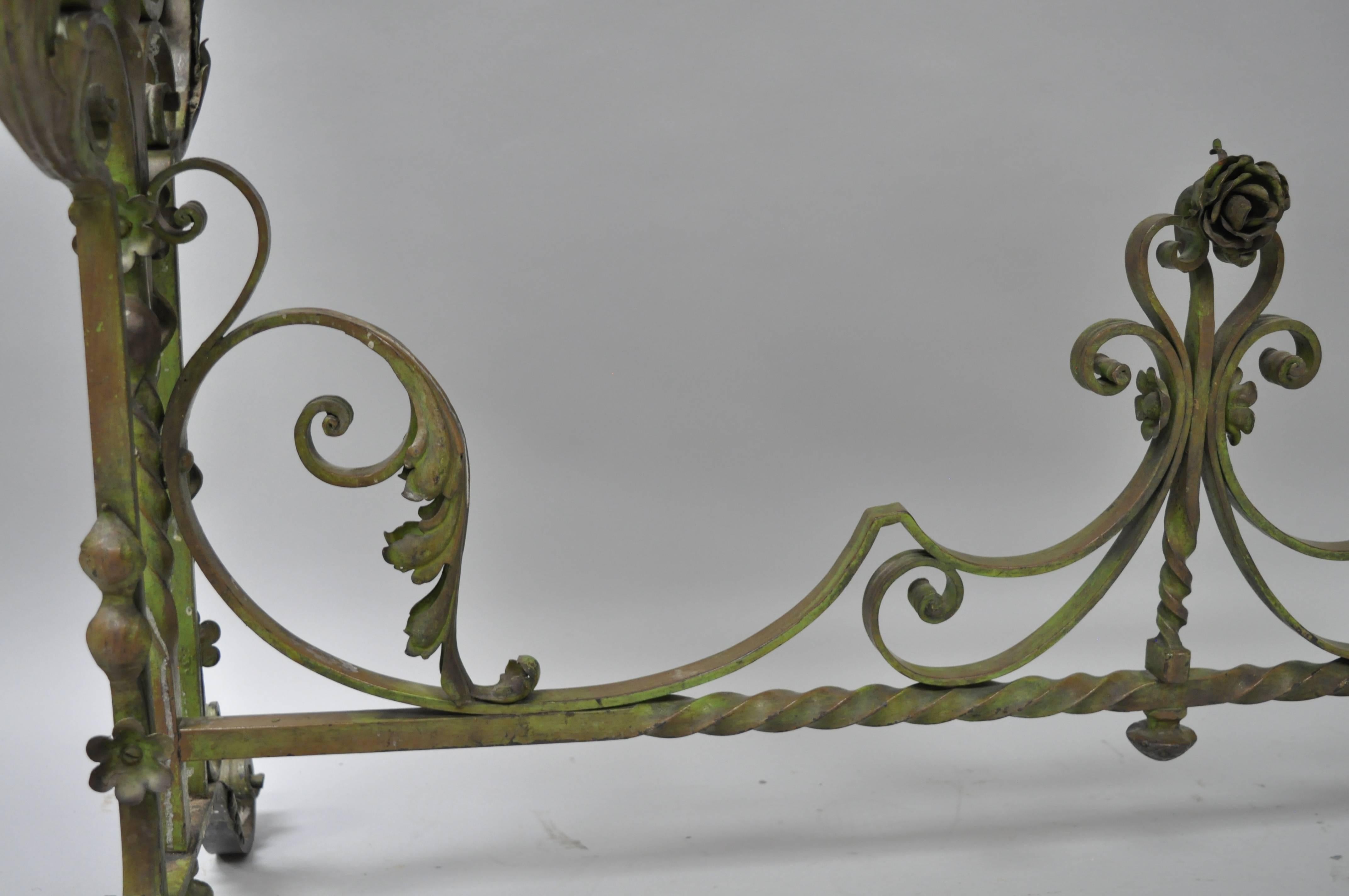20th Century French Art Nouveau Green Wrought Iron Marble-Top Scrolling Console Hall Table For Sale