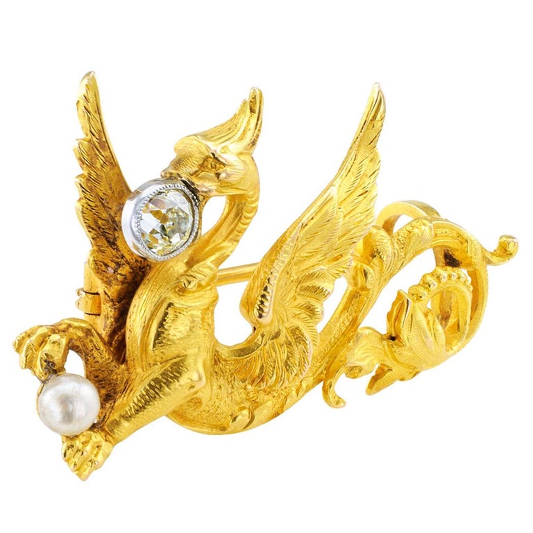 French Art Nouveau Griffin Diamond Pearl Gold Brooch at 1stDibs ...