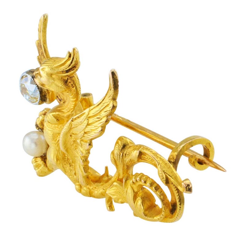 French Art Nouveau Griffin Diamond Pearl Gold Brooch at 1stDibs ...