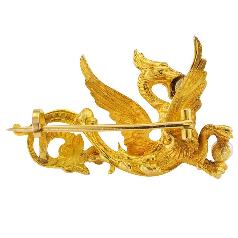 French Art Nouveau Griffin Diamond Pearl Gold Brooch at 1stDibs ...