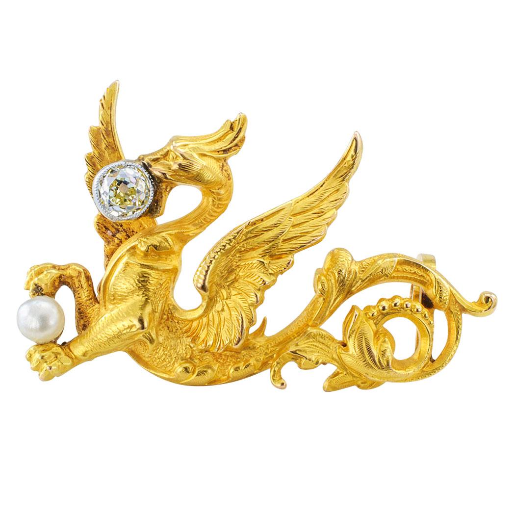 French Art Nouveau Griffin Diamond Pearl Gold Brooch