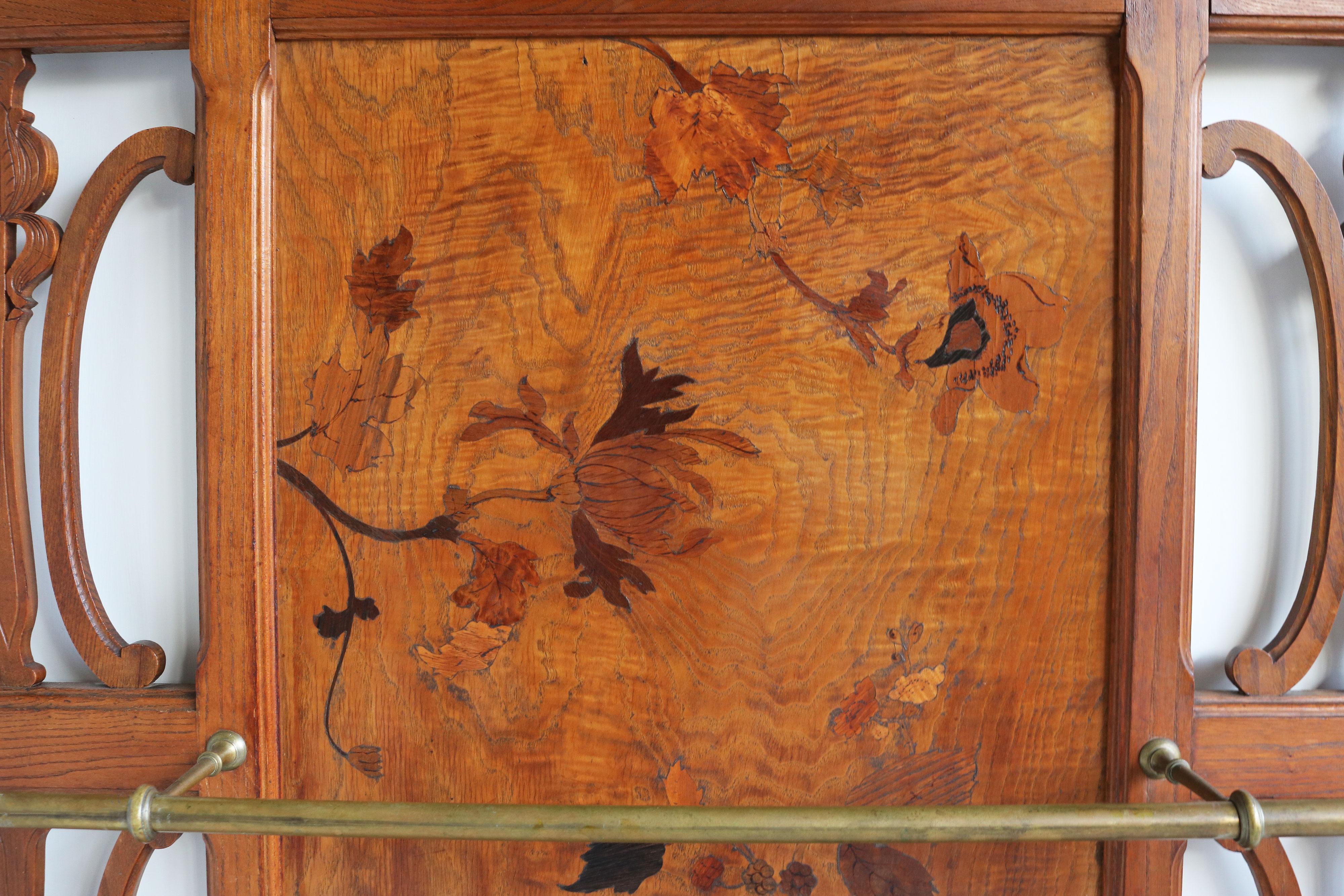 French Art nouveau hall tree / coat rack by Emile galle 1905 marquetry hallway For Sale 3