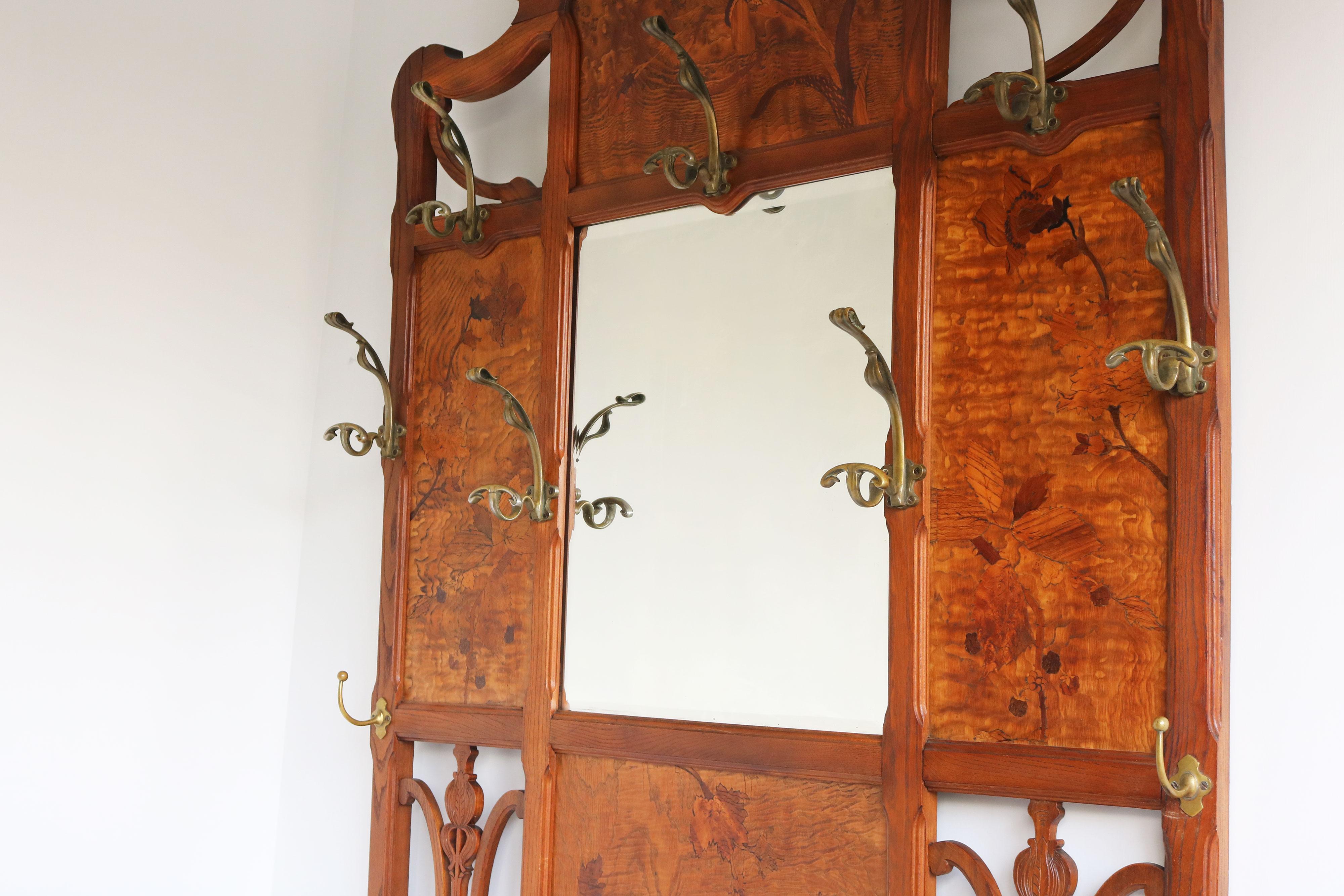 French Art nouveau hall tree / coat rack by Emile galle 1905 marquetry hallway For Sale 4