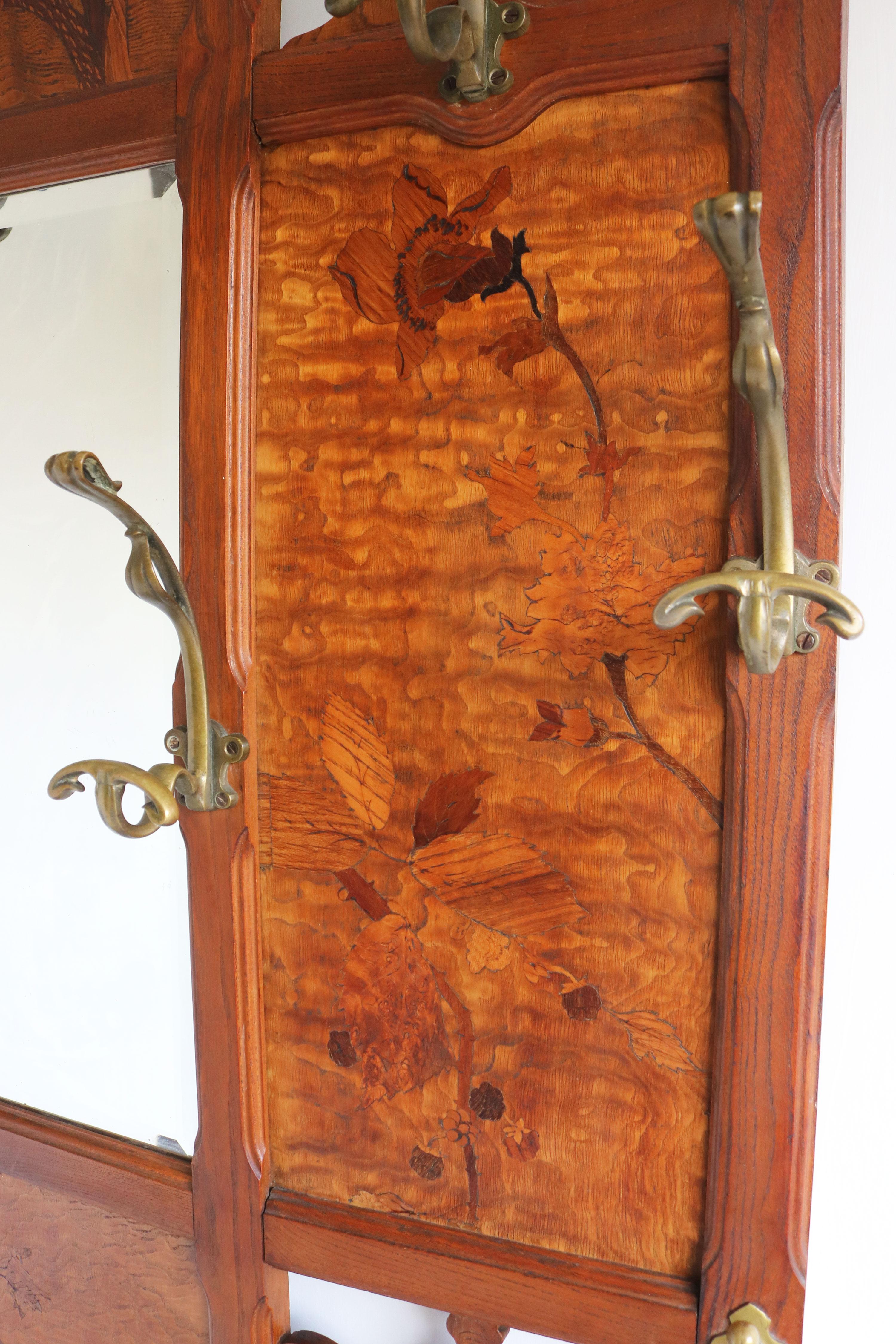 French Art nouveau hall tree / coat rack by Emile galle 1905 marquetry hallway For Sale 6