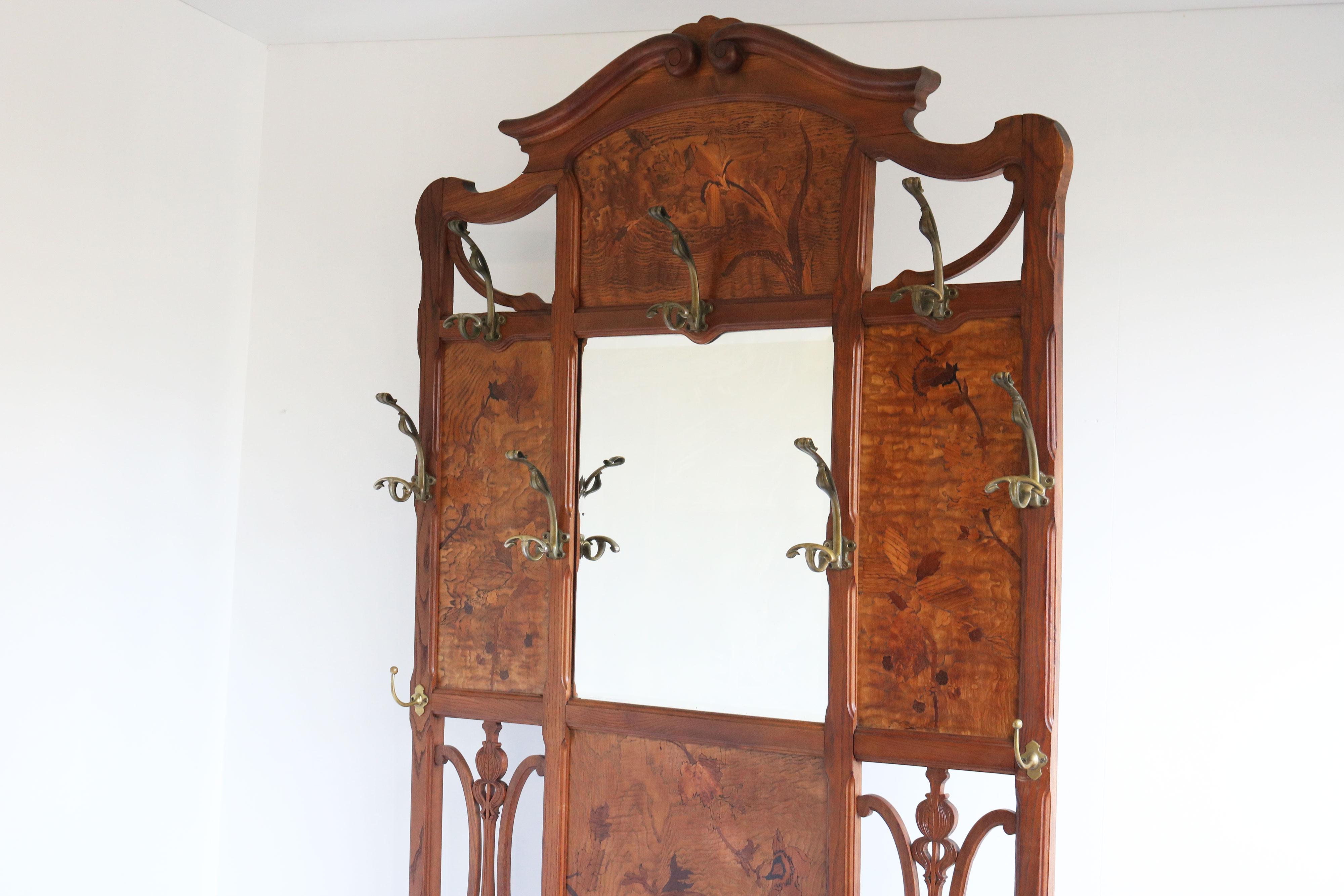 French Art nouveau hall tree / coat rack by Emile galle 1905 marquetry hallway For Sale 8
